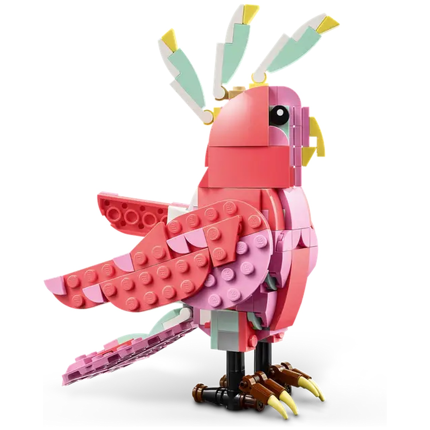 Un perroquet Lego rose, rouge et blanc. Il a un bec jaune, des yeux noirs et repose sur des pattes noires avec des griffes jaunes.