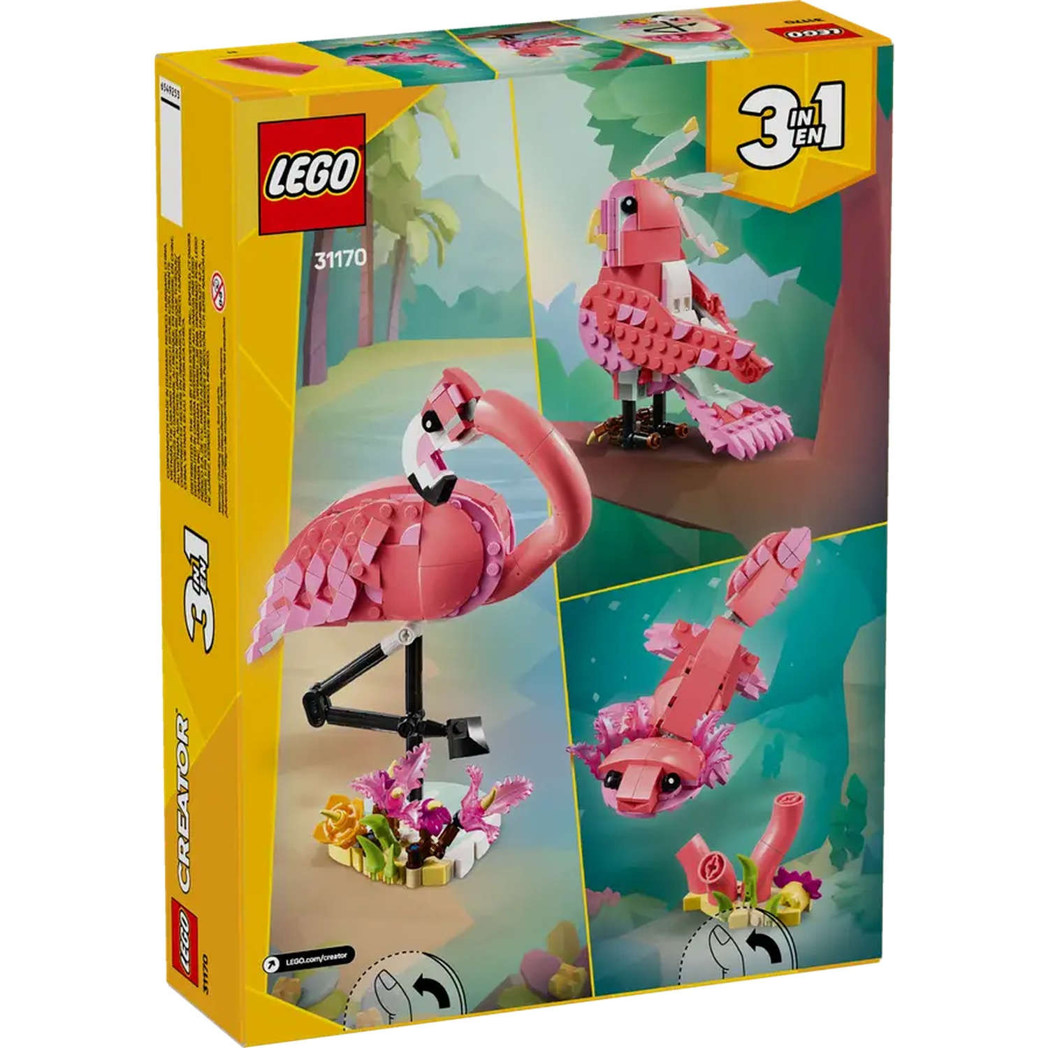 Boîte du set LEGO Creator 3-en-1. Comprend des modèles de flamant rose, d'oiseau et d'axolotl. Les couleurs rose, blanc et jaune dominent.