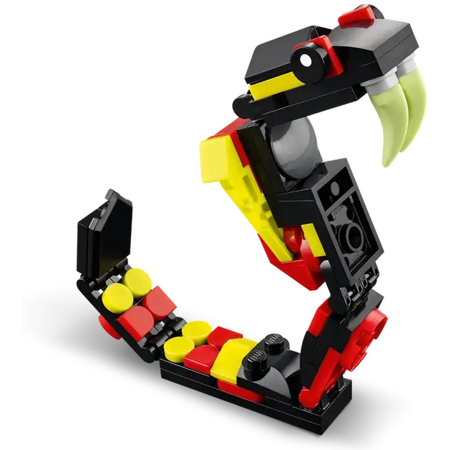 A Lego snake made of black, red, and yellow bricks. It has green fangs and a detailed head. The snake is set against a white background.