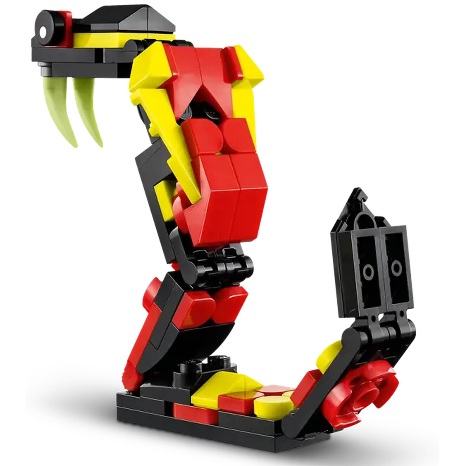 A Lego snake, constructed from red, yellow, and black blocks, with green fangs. The snake is posed upright.