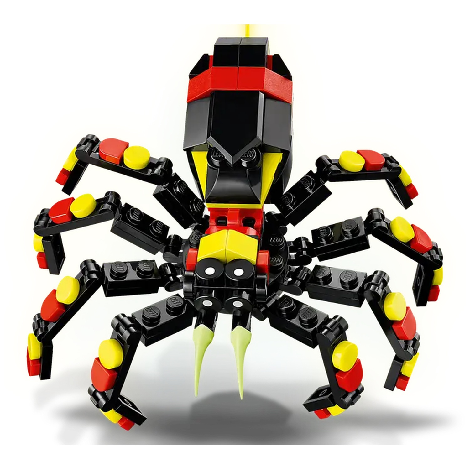A Lego spider. It has black body, red and yellow accents, and eight legs. The background is white.