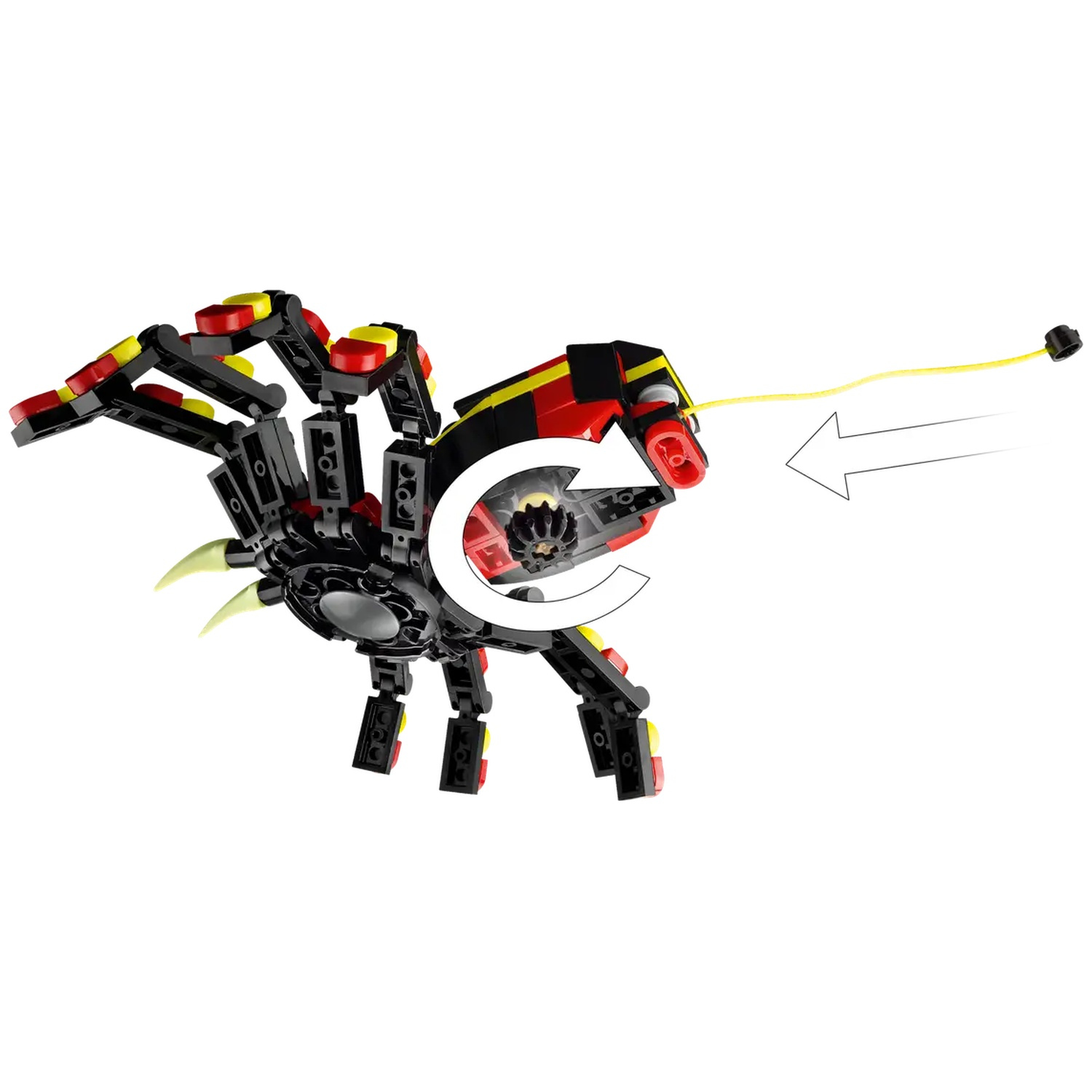 A Lego spider with black body, red and yellow details, and glowing yellow claws. It is shooting a yellow web. White background.