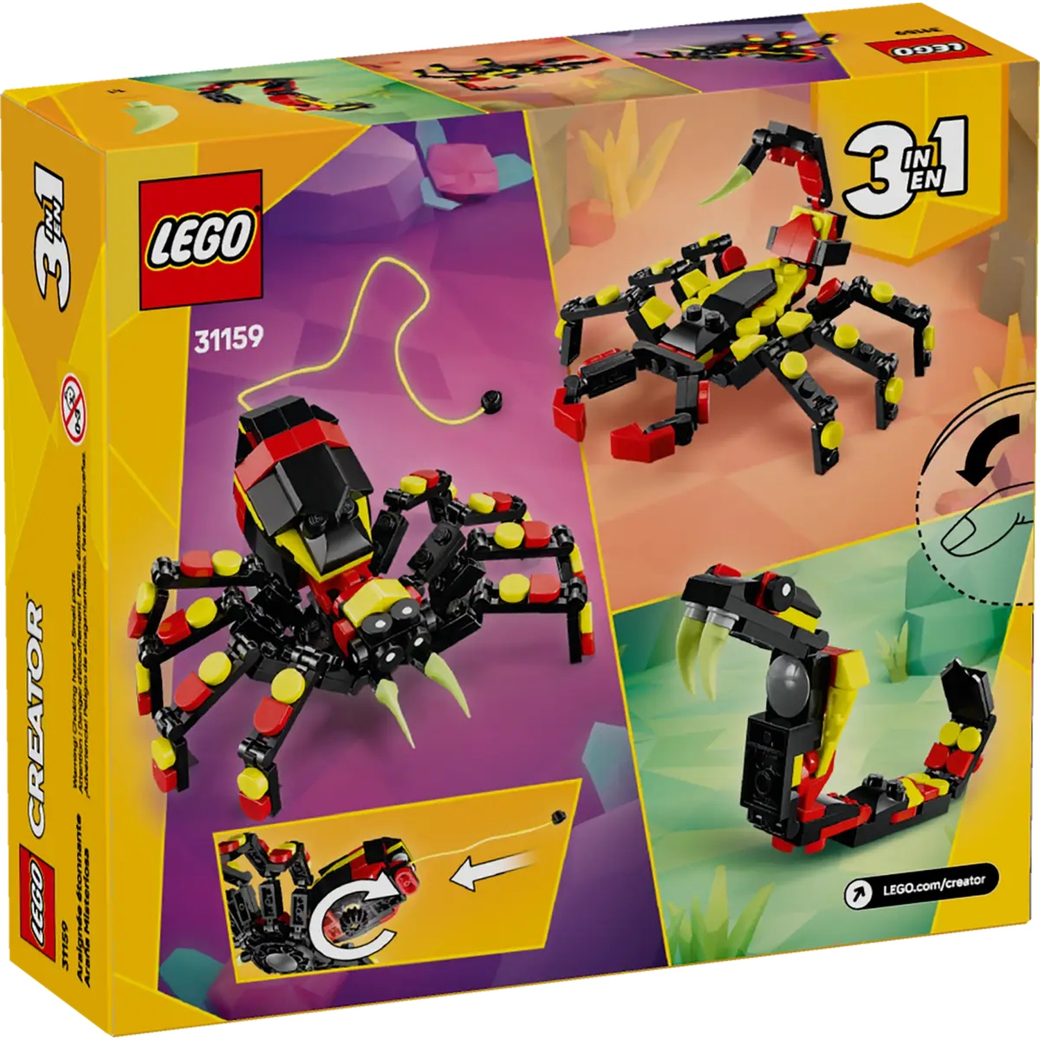 A Lego box shows a black, red, and yellow scorpion, spider, and snake. The box is yellow with the Lego logo and '3 in 1'.