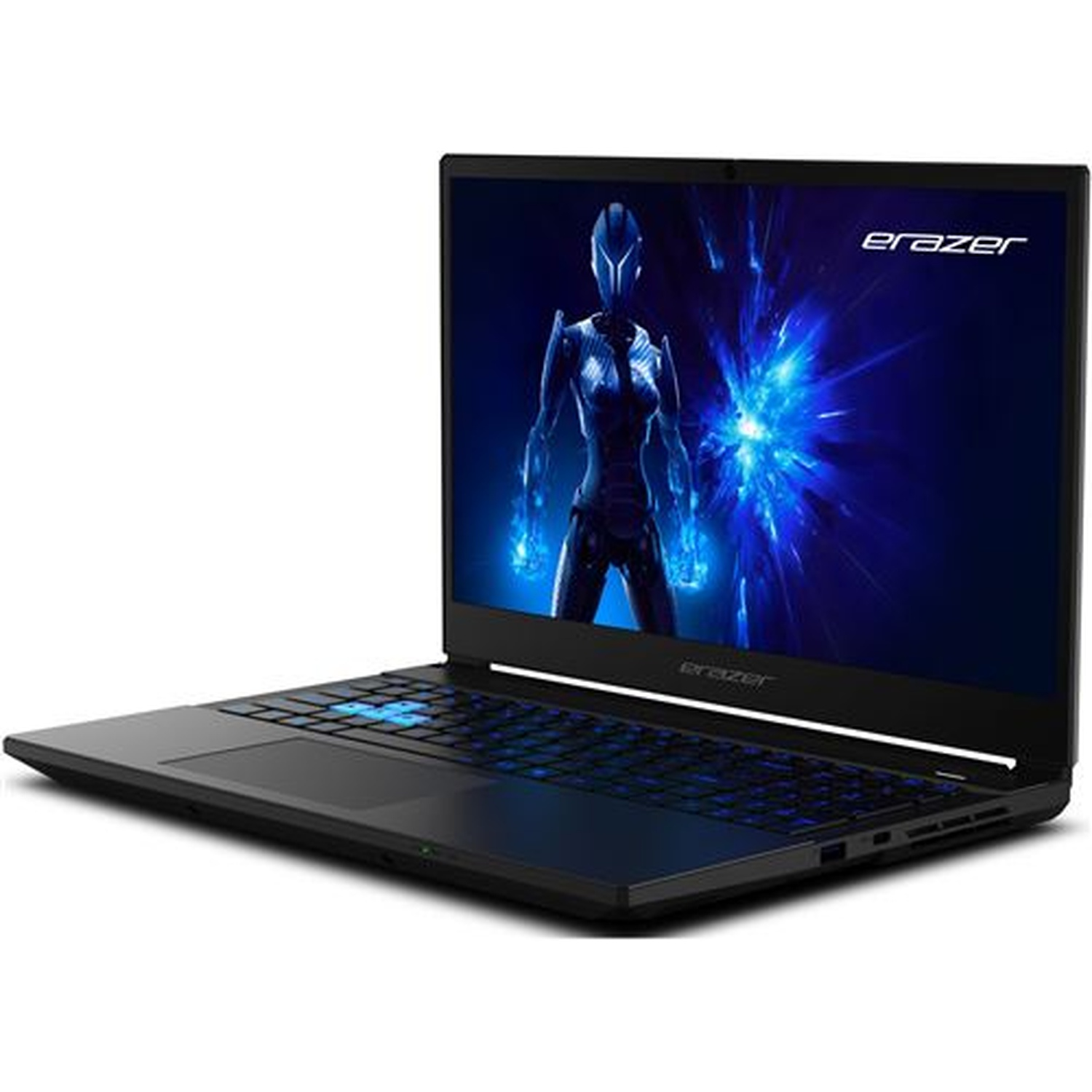 Een zwarte Erazer-laptop staat open. Het scherm toont een blauwe figuur. Het toetsenbord heeft blauw verlichte toetsen.