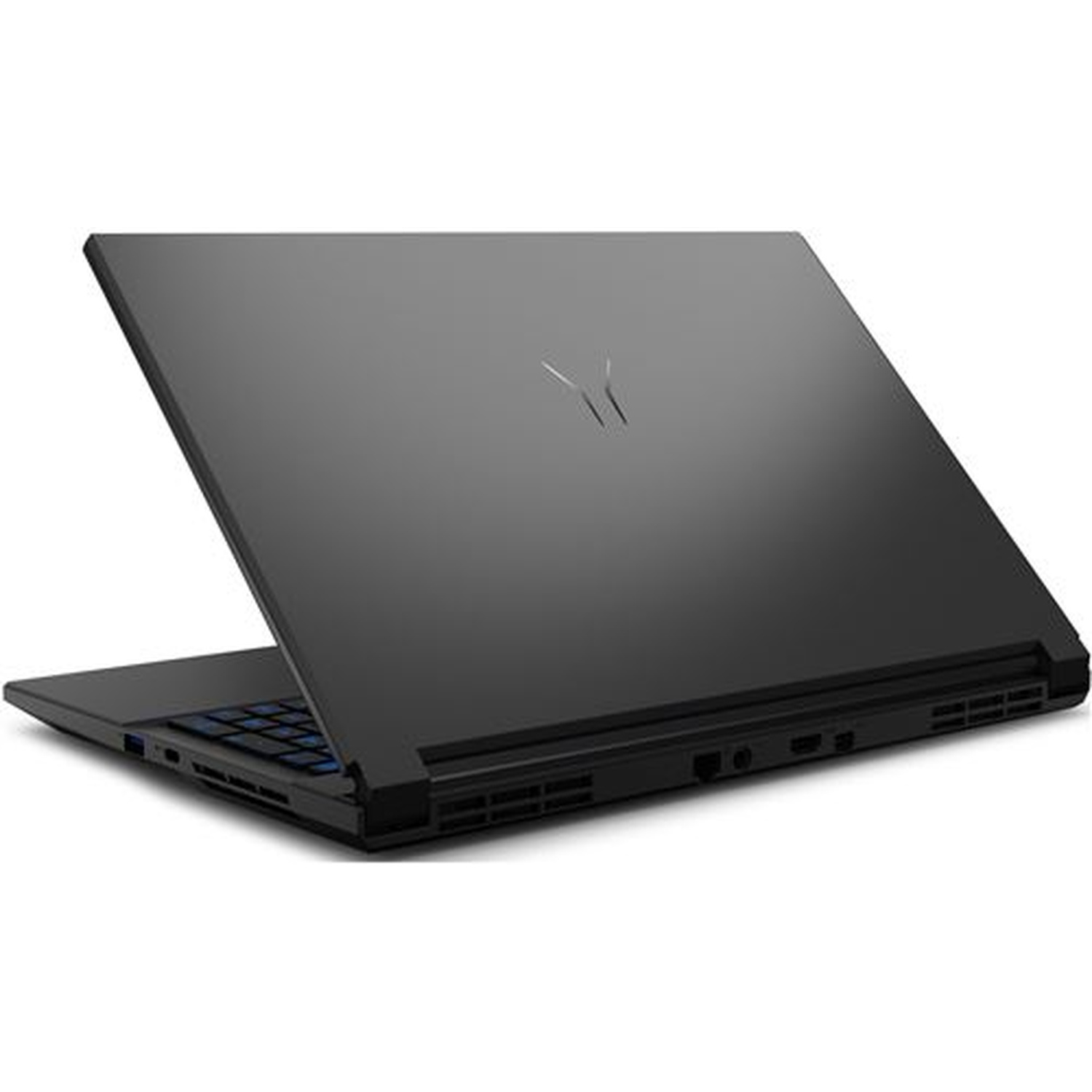 Zwarte laptop, gedeeltelijk open. Het toetsenbord is zichtbaar, met blauwe toetsen. Een logo staat op het deksel.
