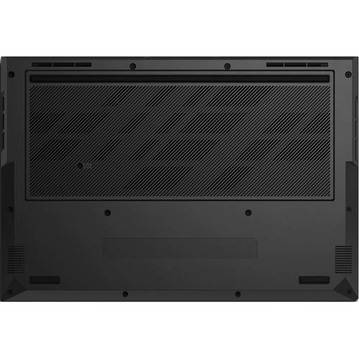 De onderkant van een zwarte laptop. Het heeft ventilatieopeningen, schroeven en een groot centraal paneel met schuine lijnen.