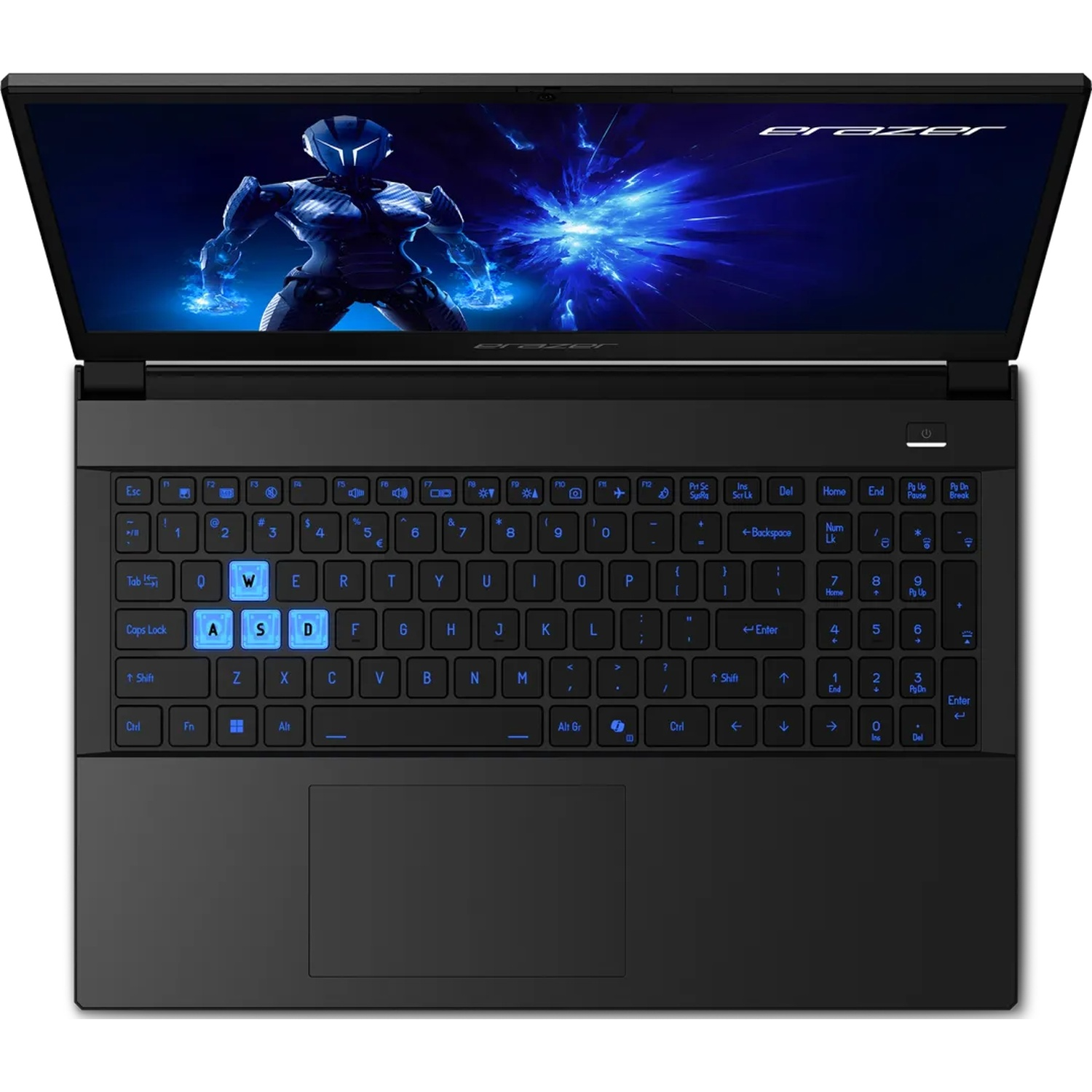 Zwarte laptop met open scherm met een blauwe afbeelding. Het toetsenbord heeft blauw verlichte toetsen. De laptop staat op een wit oppervlak.