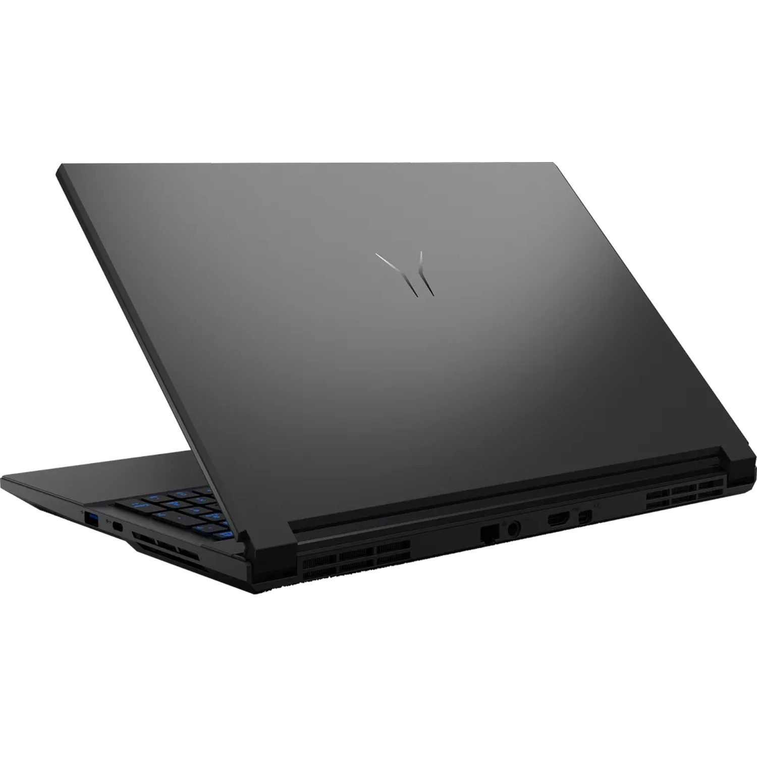 Een zwarte laptop wordt schuin geopend weergegeven. Het deksel toont een logo. Het toetsenbord is zichtbaar. De achtergrond is wit.