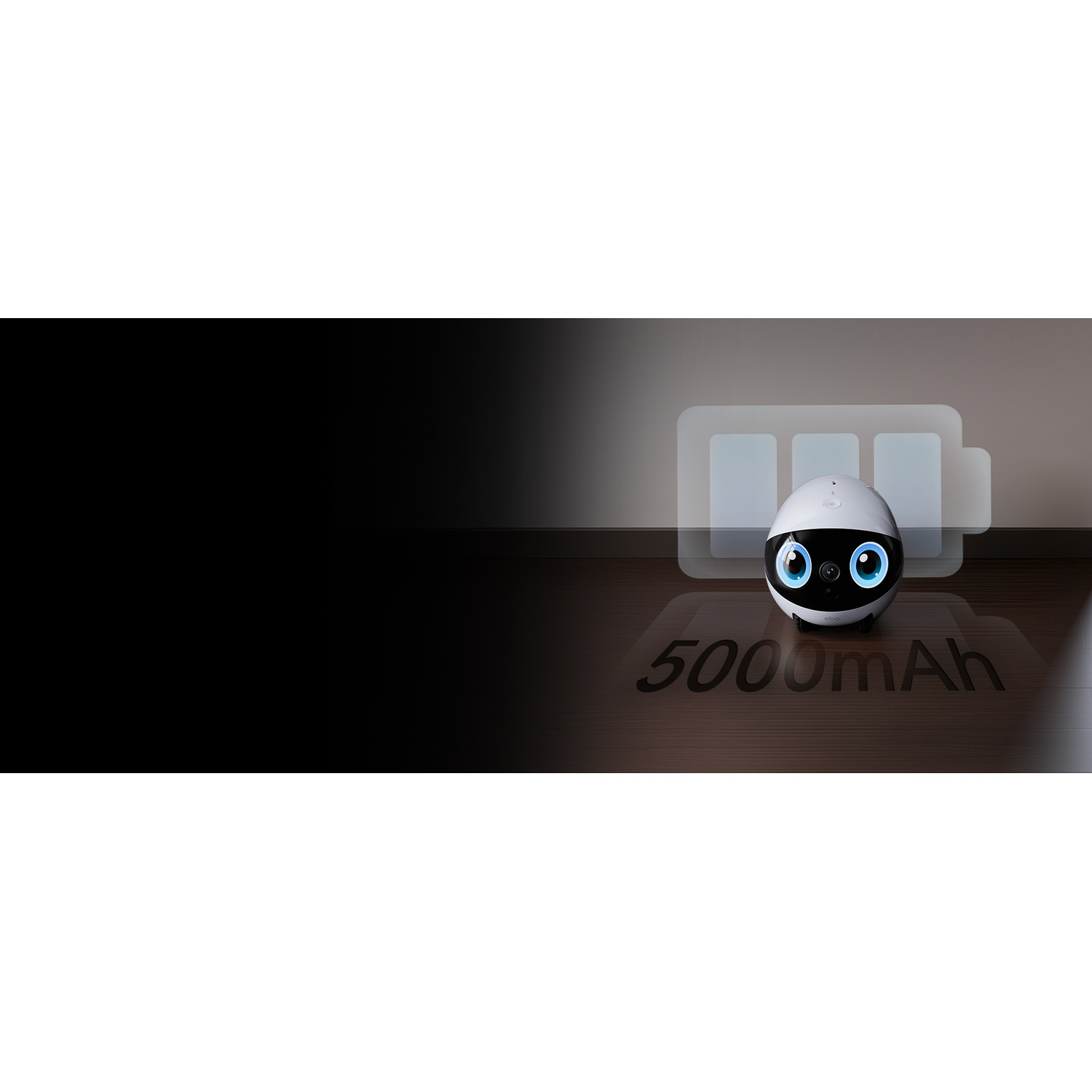 Un robot bianco con occhi blu e un'icona della batteria. Il testo '5000mAh' è sotto il robot.