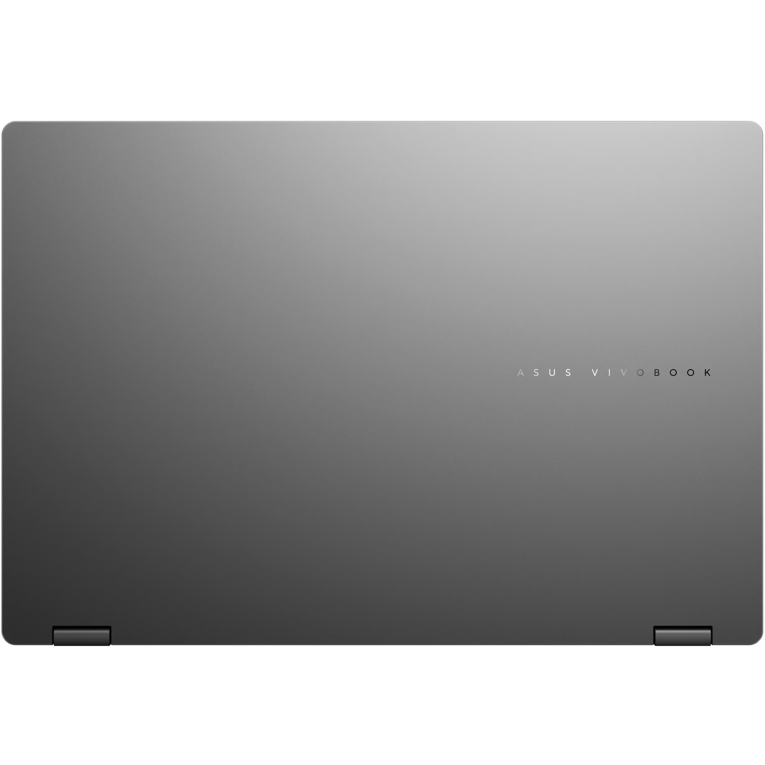 Un ordinateur portable Asus Vivobook gris, fermé. Le nom de la marque est en bas à droite. Charnières des deux côtés. La surface est lisse.