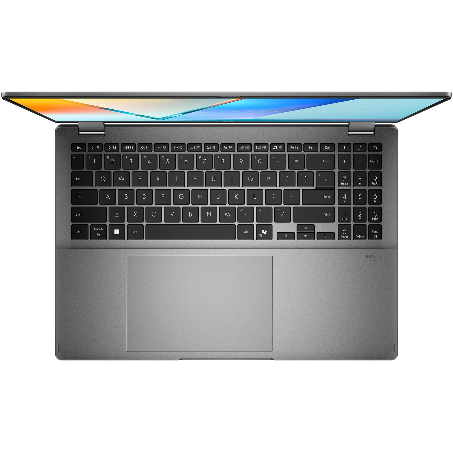 Ordinateur portable ouvert, vue de dessus. Corps argenté, clavier noir, écran allumé avec dégradé. Pavé tactile visible.