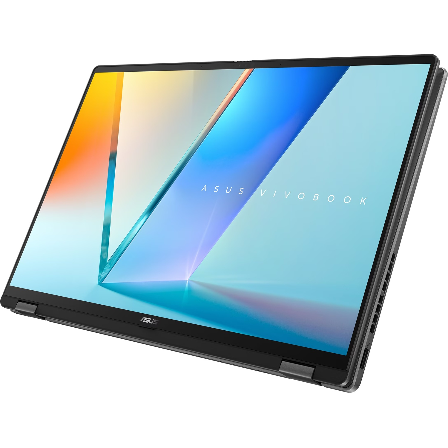 Un ordinateur portable ASUS Vivobook est affiché en angle, ouvert. L'écran affiche un dégradé coloré. L'ordinateur portable est gris foncé.