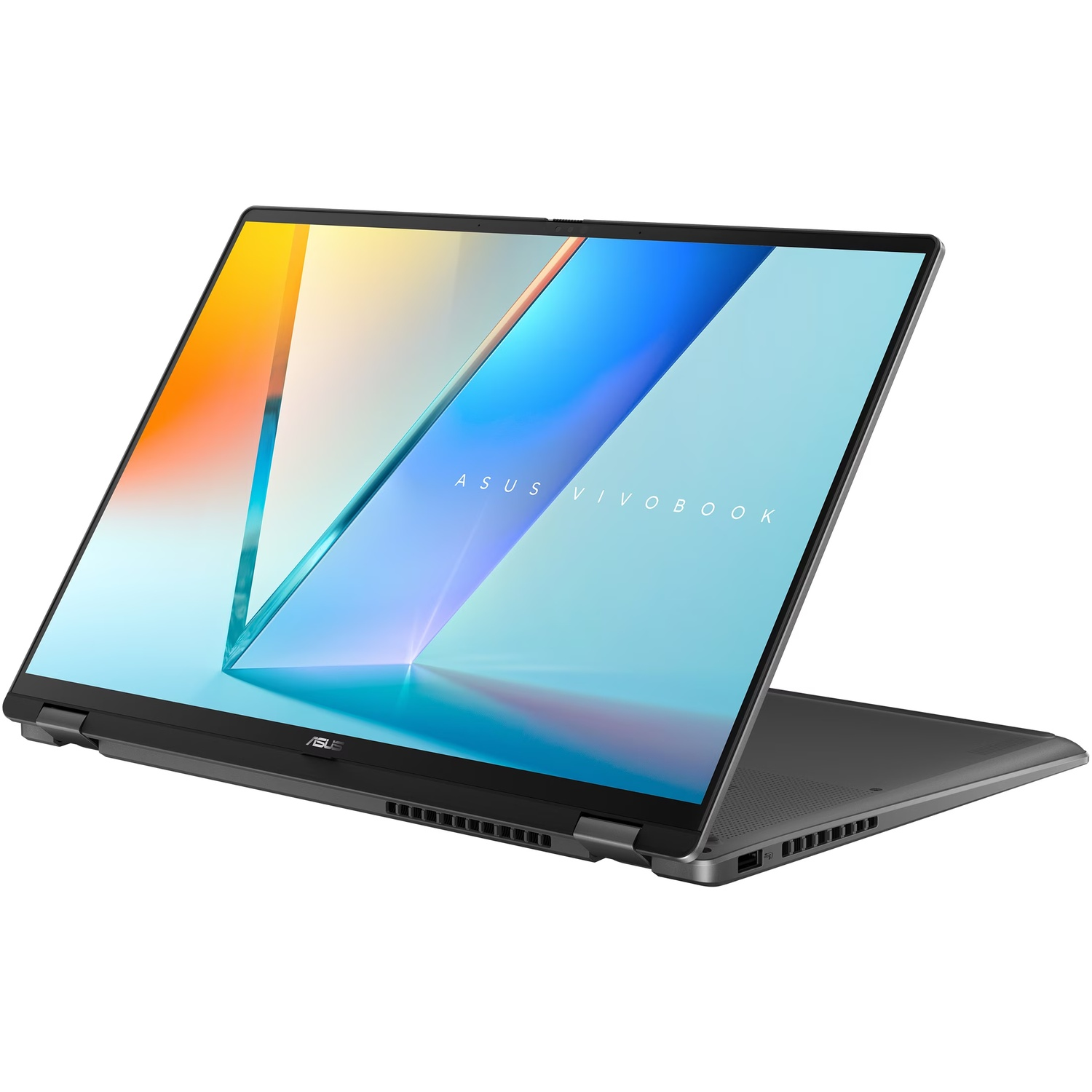 Un ordinateur portable ASUS Vivobook gris avec l'écran ouvert. L'écran affiche une image abstraite colorée avec la marque.