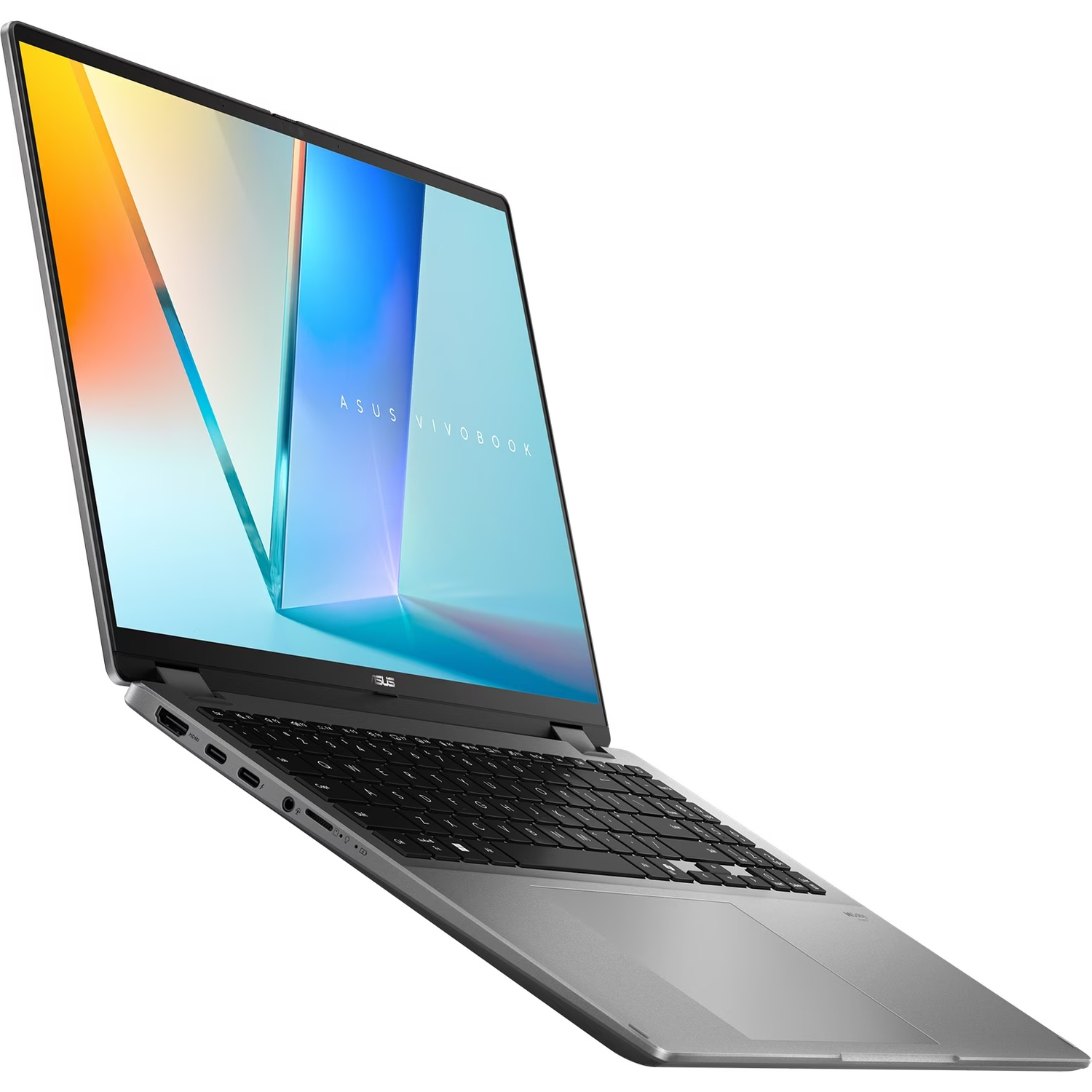 Un ordinateur portable Asus VivoBook argenté est ouvert, incliné vers la gauche. L'écran affiche une image abstraite colorée.