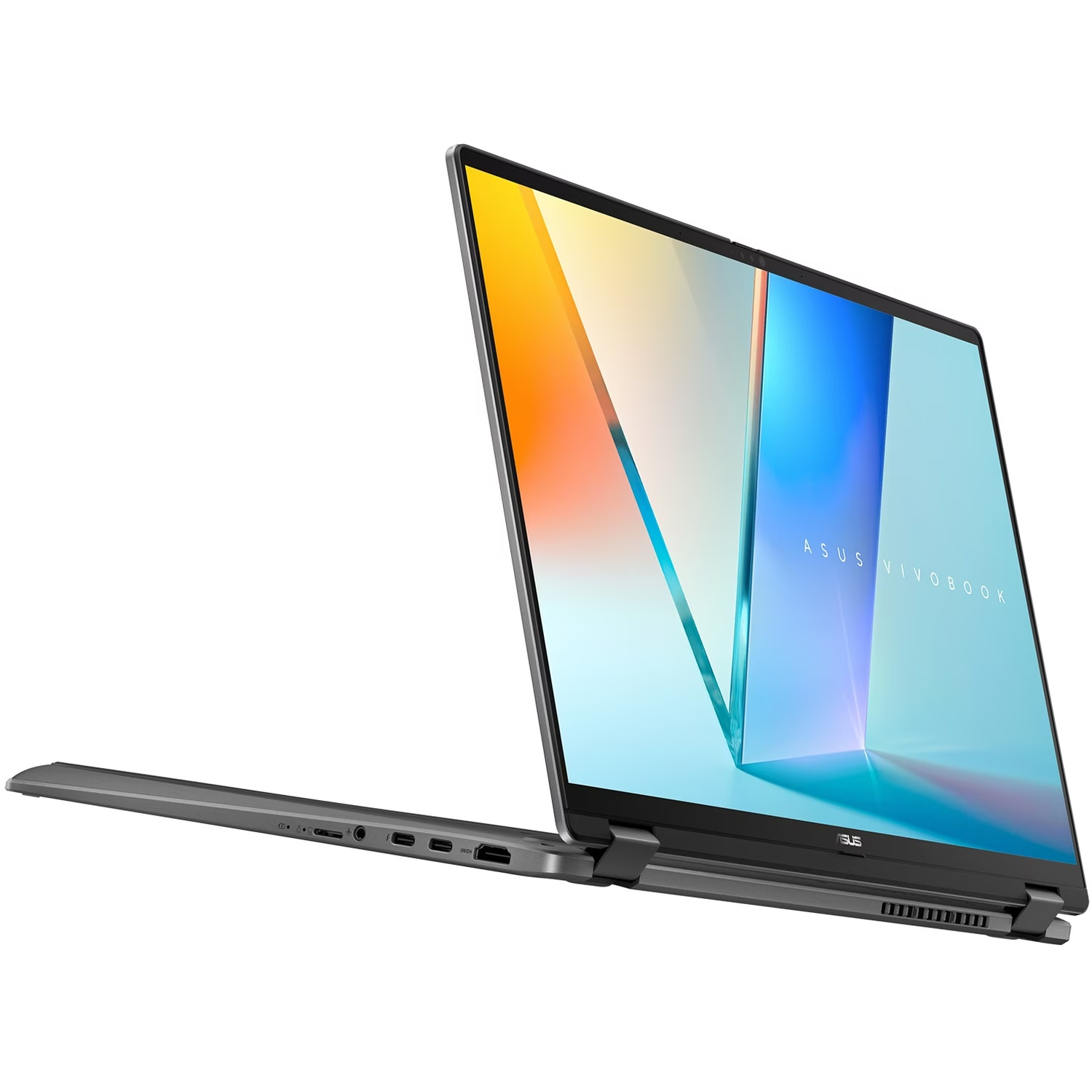 Un ordinateur portable Asus Vivobook gris est ouvert. L'écran affiche un design abstrait coloré. L'ordinateur est sur fond blanc.