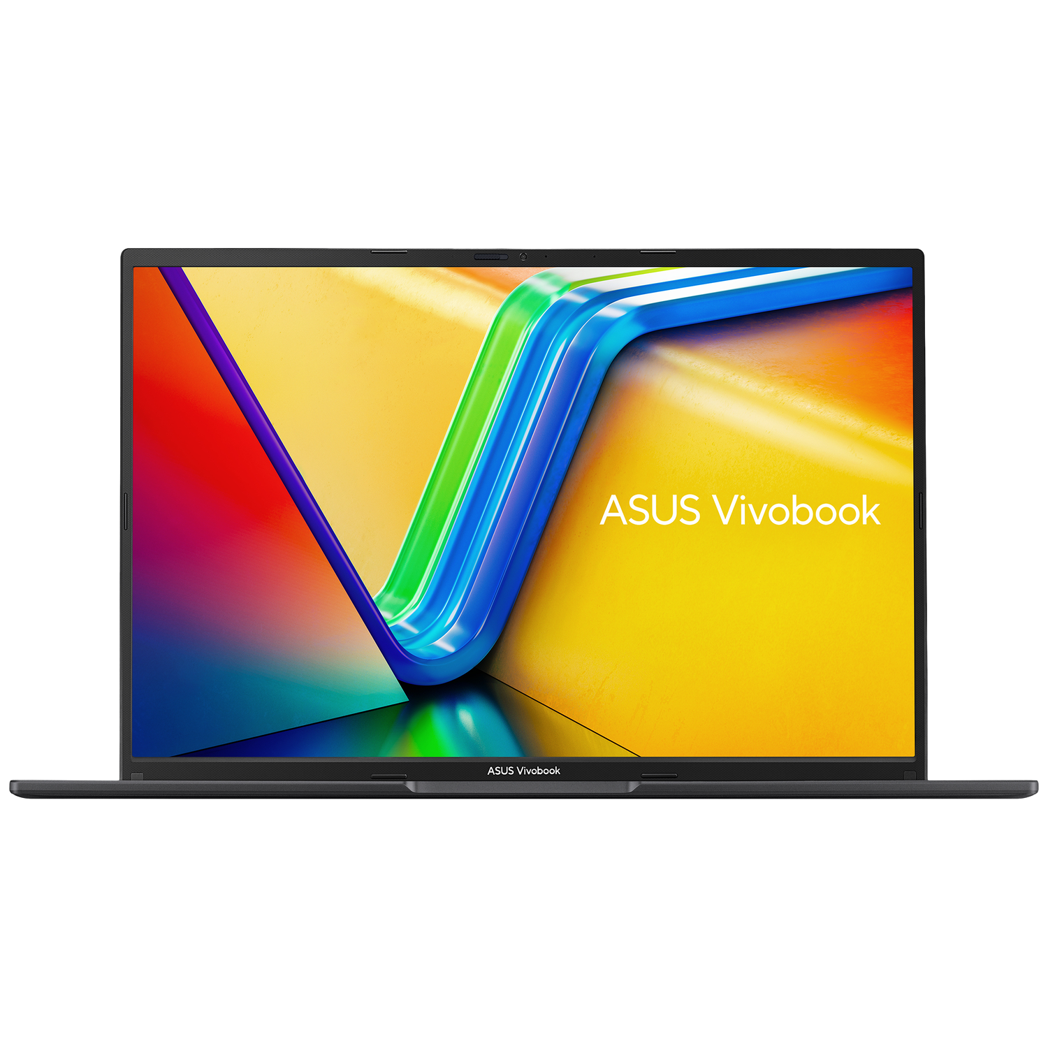 Un ordinateur portable ASUS Vivobook est affiché ouvert. L'écran affiche un design abstrait coloré. L'ordinateur portable est noir sur fond blanc.