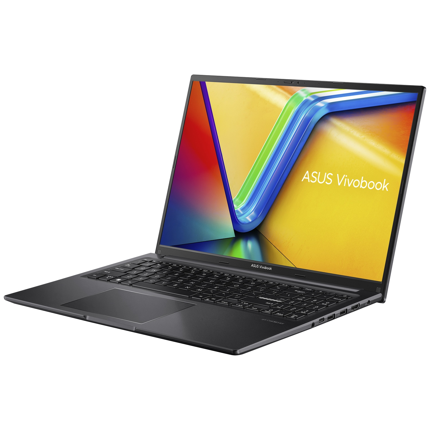 Un ordinateur portable ASUS Vivobook gris foncé est ouvert. L'écran affiche un dégradé coloré et le nom de la marque. Le clavier est visible.