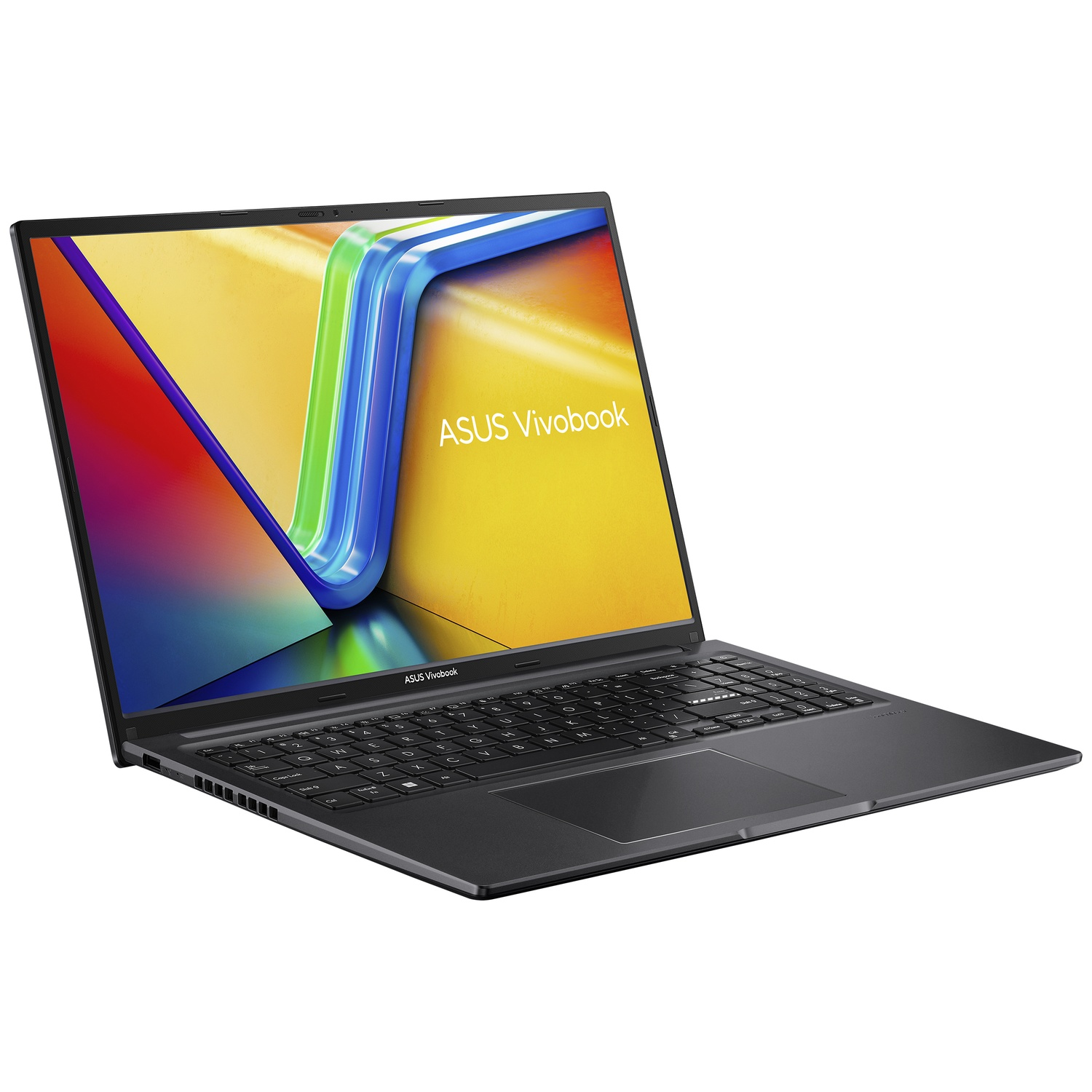 Un ordinateur portable ASUS Vivobook ouvert sur fond blanc. L'écran affiche des graphiques colorés. Le clavier est visible.