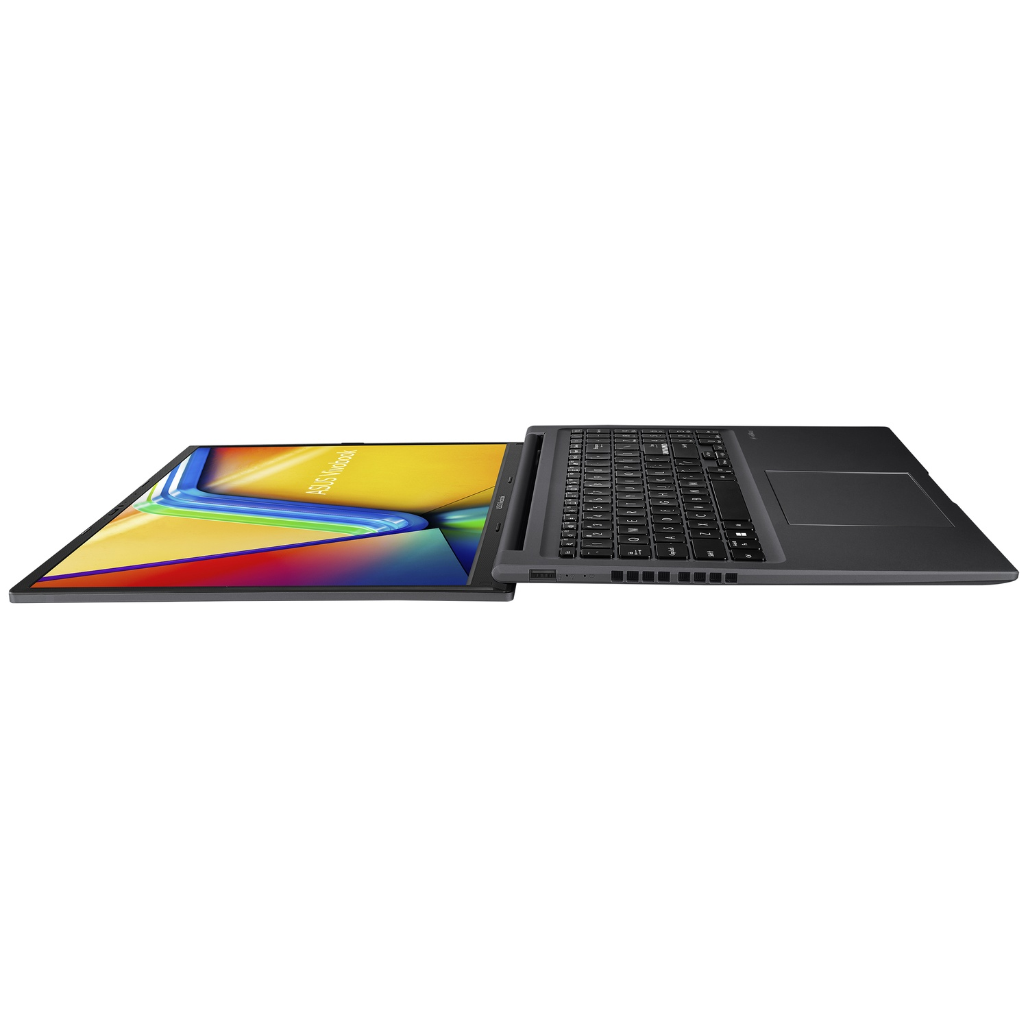 Un ordinateur portable ASUS Vivobook ouvert sur fond blanc. L'écran affiche des graphiques colorés, le clavier est visible.