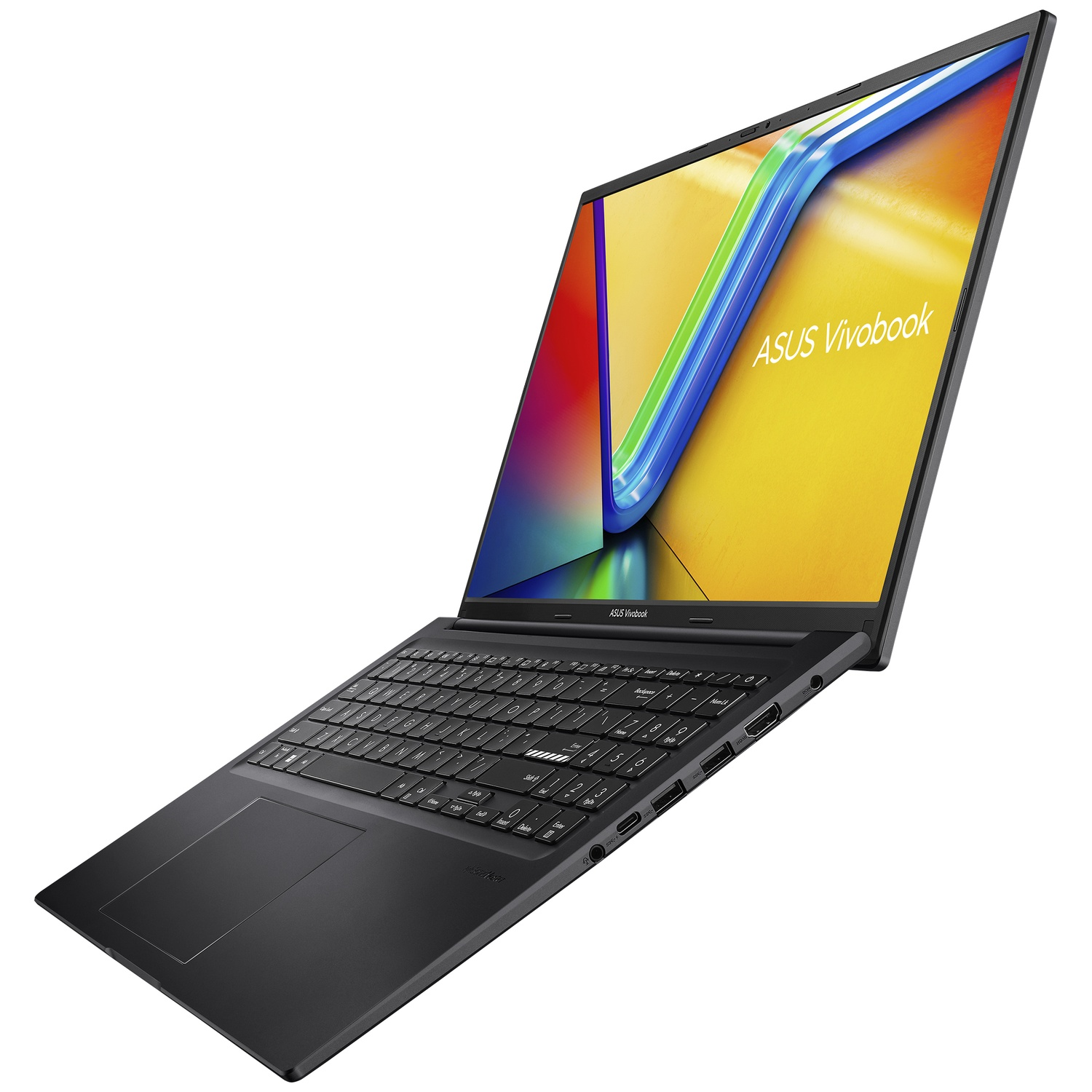 Un ordinateur portable ASUS Vivobook noir est incliné, montrant le clavier et l'écran. L'écran affiche des graphiques colorés avec le texte ASUS Vivobook.