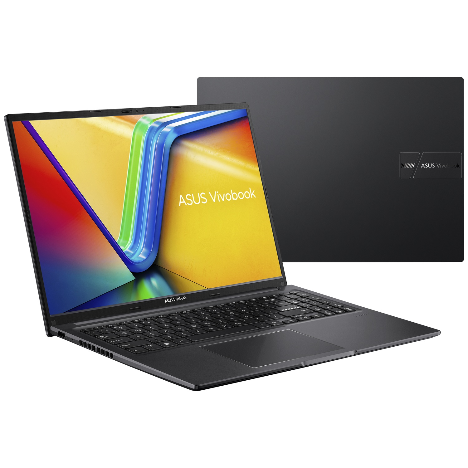 Un ordinateur portable ASUS Vivobook gris foncé est ouvert, affichant un écran coloré. Un autre ordinateur portable fermé est derrière.