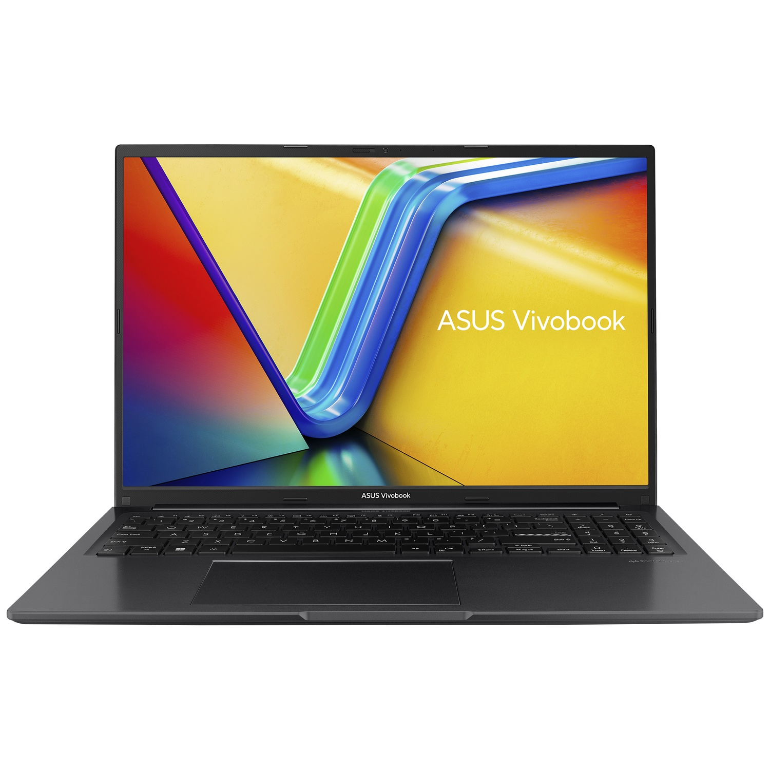 Un ordinateur portable ASUS Vivobook. L'écran affiche une image abstraite colorée. Le clavier et le pavé tactile sont visibles.