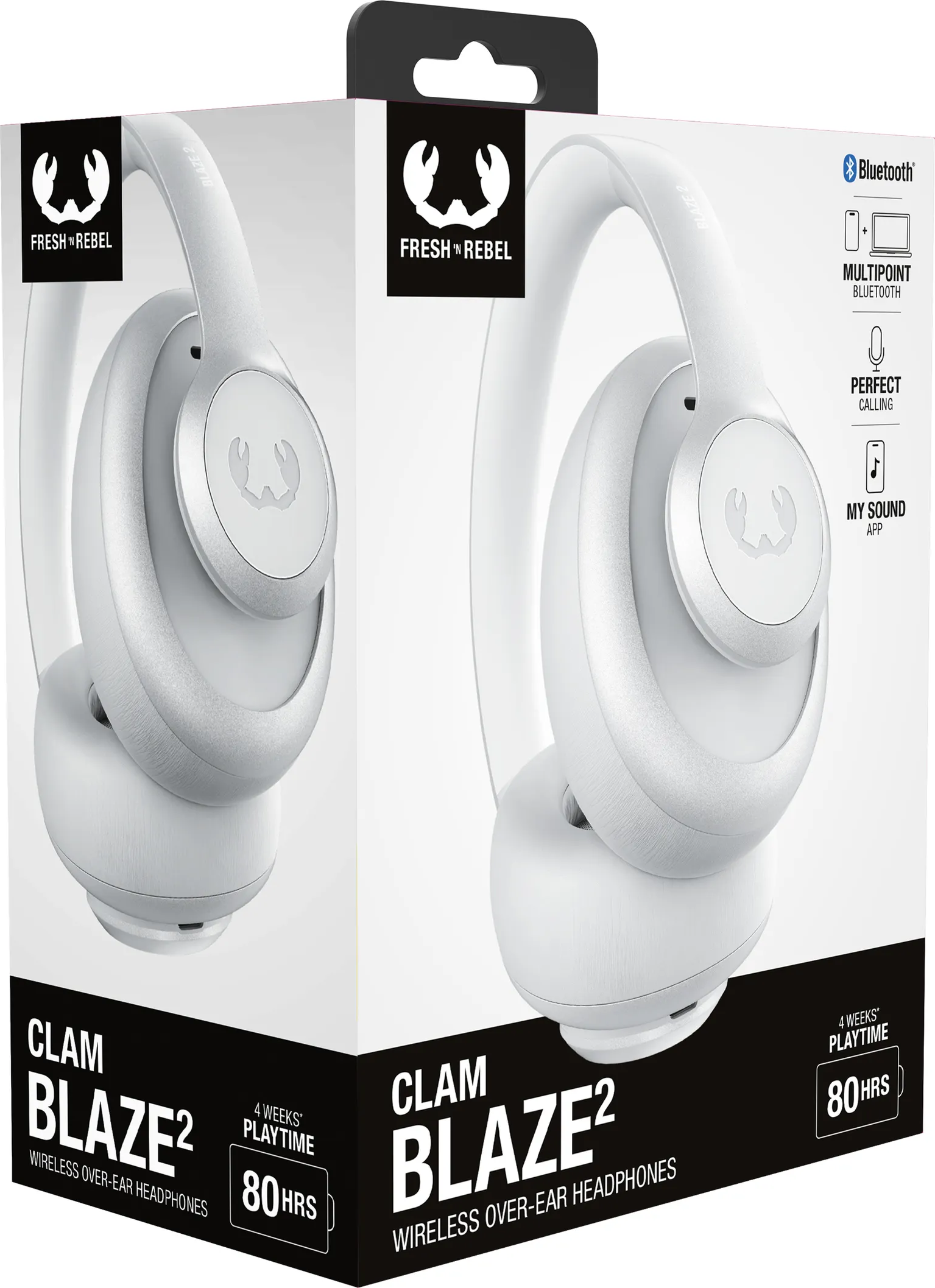 Cuffie bianche Fresh 'n Rebel Clam Blaze 2 su una scatola. Caratteristiche: Bluetooth, chiamate perfette e supporto app.