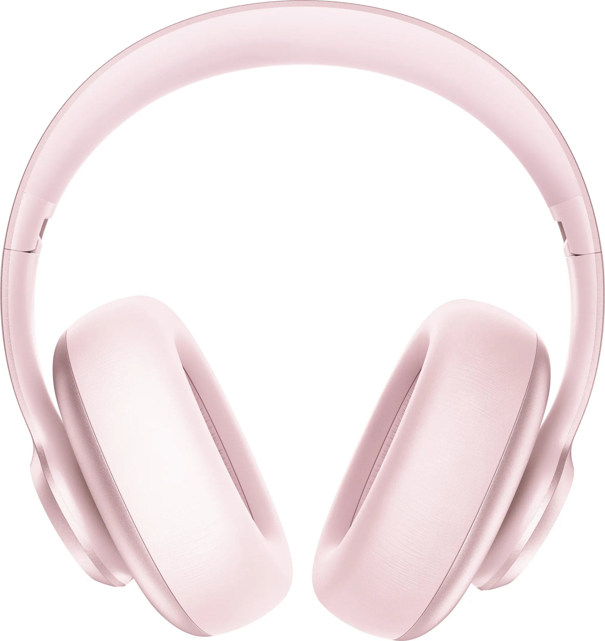 Casque rose avec bandeau incurvé et écouteurs, sur fond blanc, isolé, symétrique.