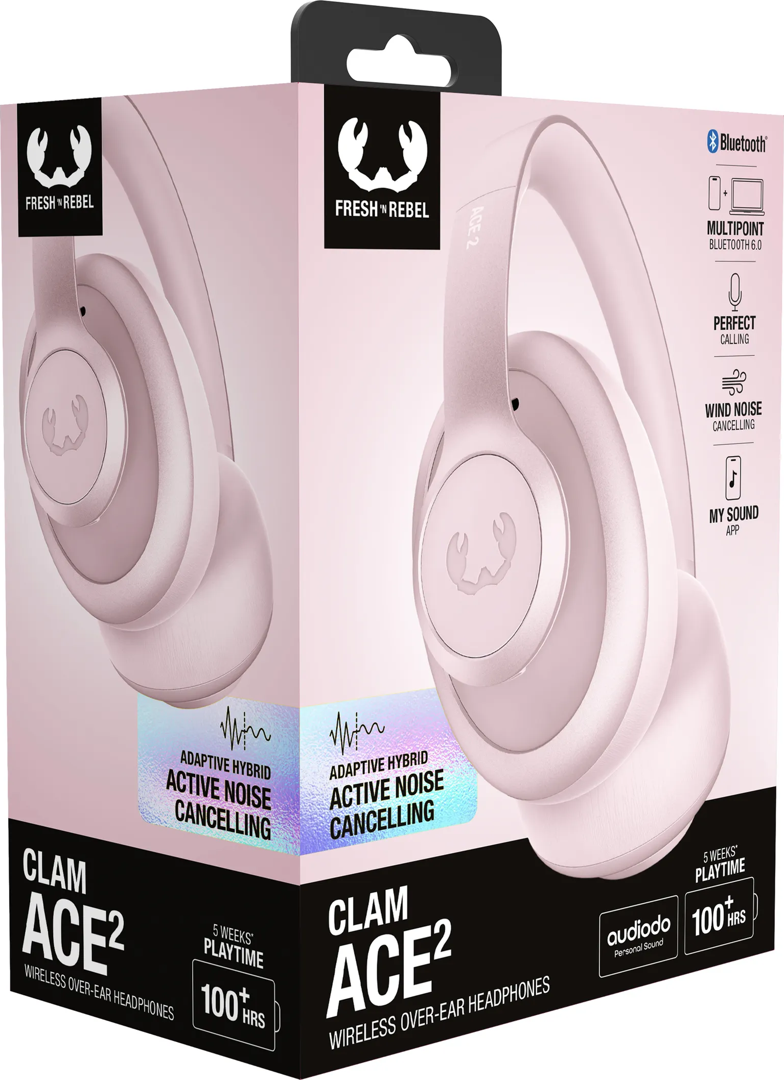 Casque rose Fresh 'n Rebel Clam Ace2 sur une boîte. Caractéristiques : suppression du bruit, Bluetooth et plus de 100 heures de lecture.