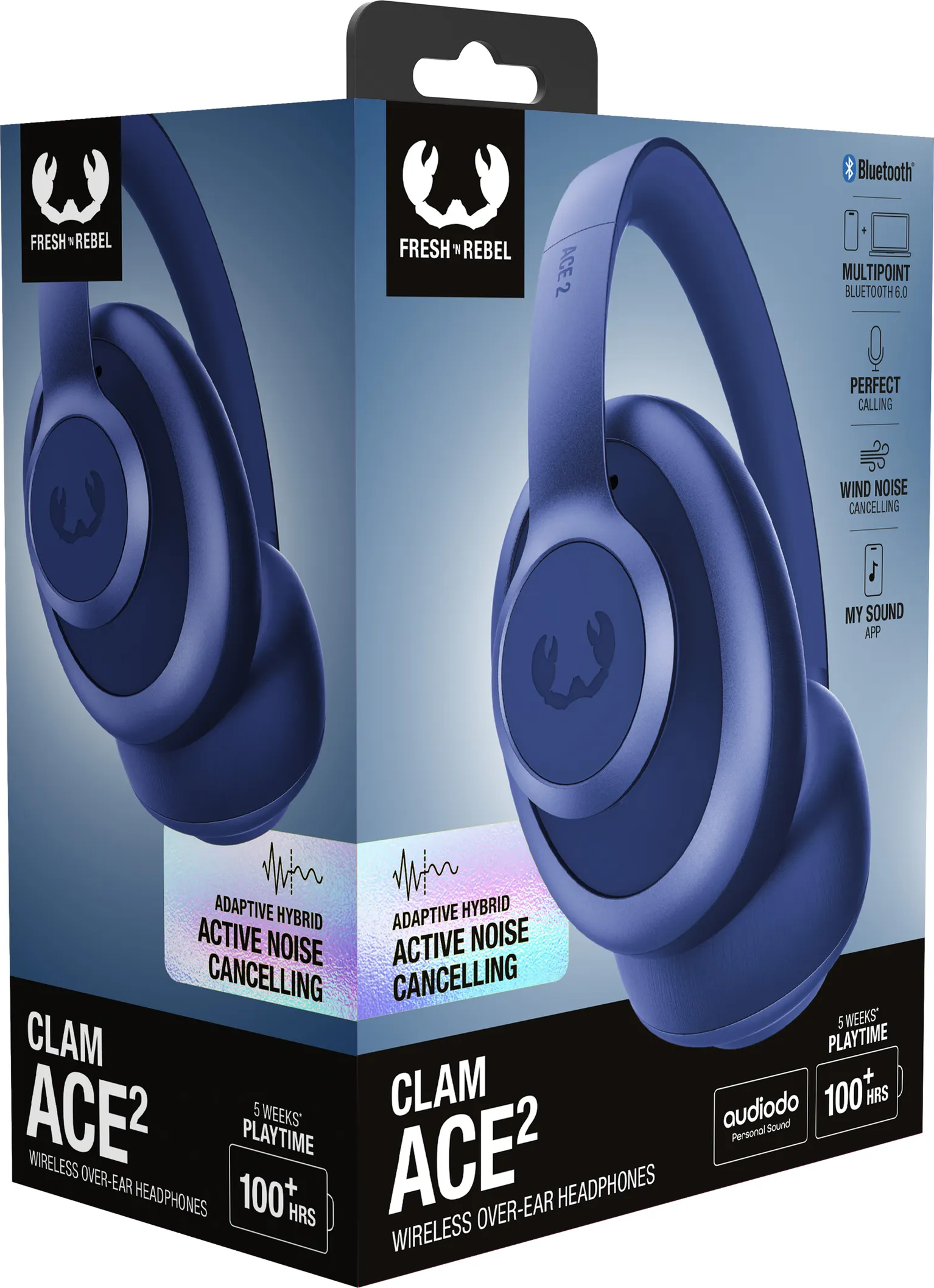 Casque bleu en boîte. On lit 'CLAM ACE2' et 'Active Noise Cancelling'. La marque est Fresh 'n Rebel.
