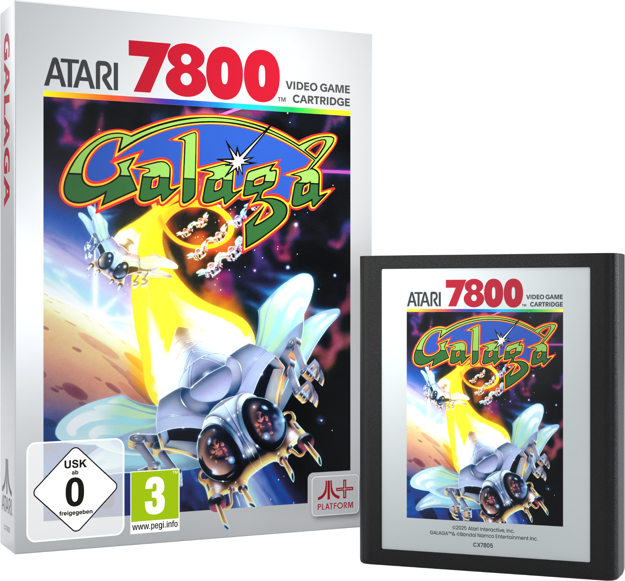 Boîte et cartouche du jeu vidéo Galaga Atari 7800. La boîte présente un design de vaisseau spatial et la cartouche affiche l'art du jeu.