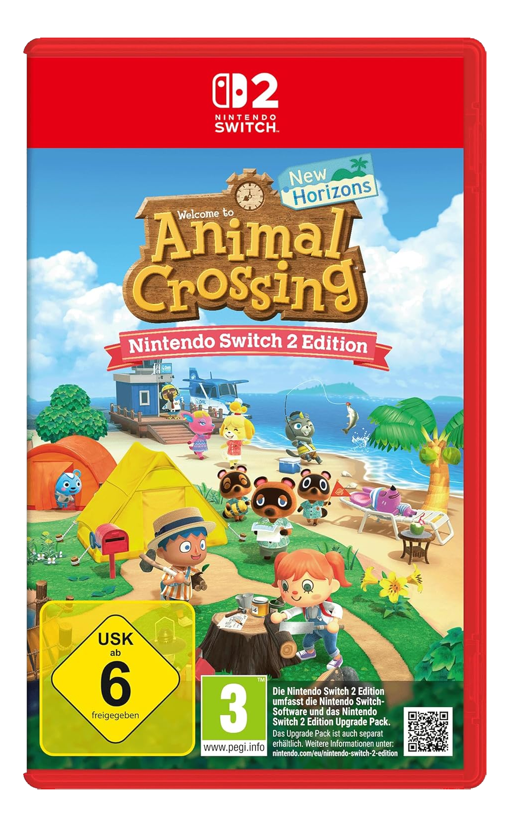 Scatola del gioco Animal Crossing New Horizons per Nintendo Switch. Personaggi e scenari del gioco sono mostrati sulla copertina.