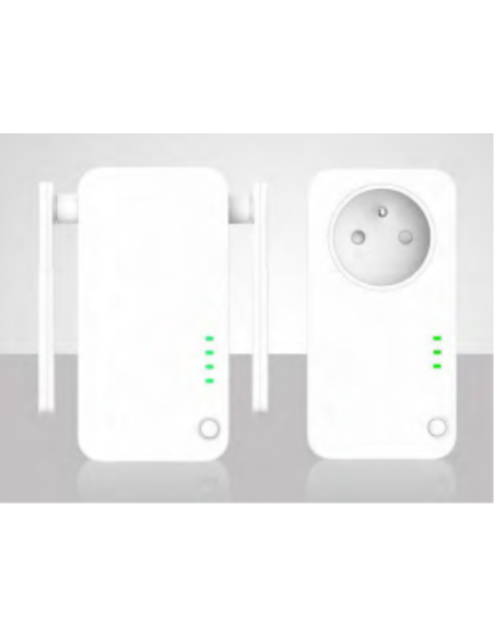 Se muestran dos adaptadores de línea eléctrica blancos. Uno tiene un enchufe, el otro tiene clavijas. Ambos tienen luces indicadoras y un botón.