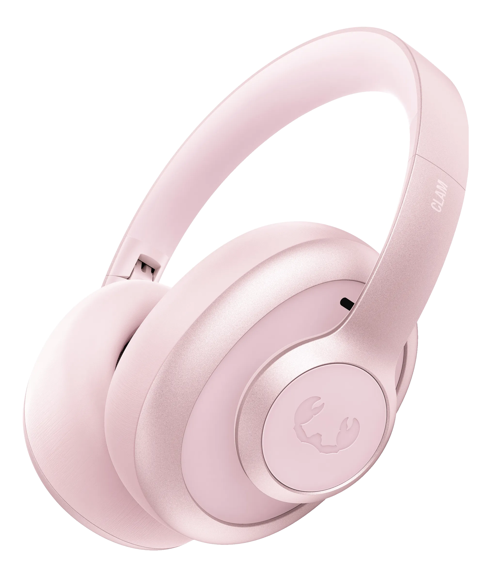 Cuffie rosa su sfondo nero. Le cuffie sono over-ear con la scritta CLAM sul lato.