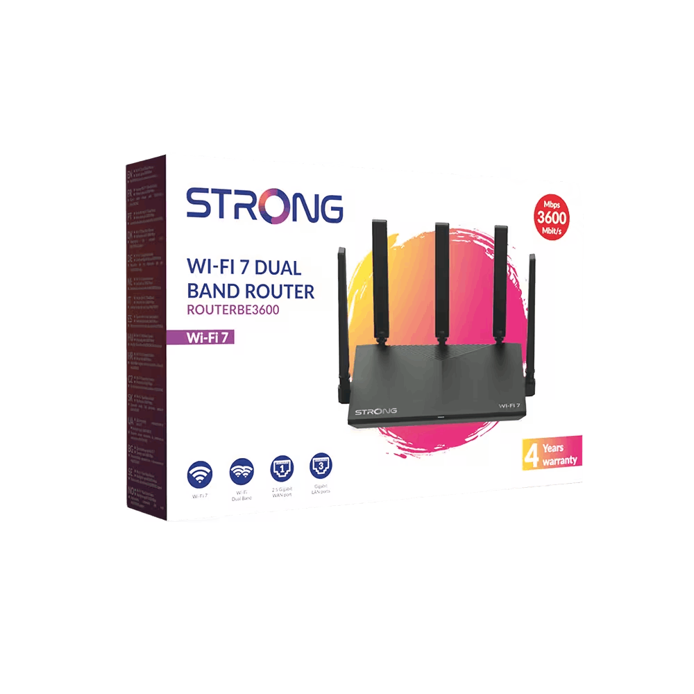Un router Strong Wi-Fi 7 de doble banda negro con antenas se muestra en su caja, mostrando características y una garantía de 4 años.