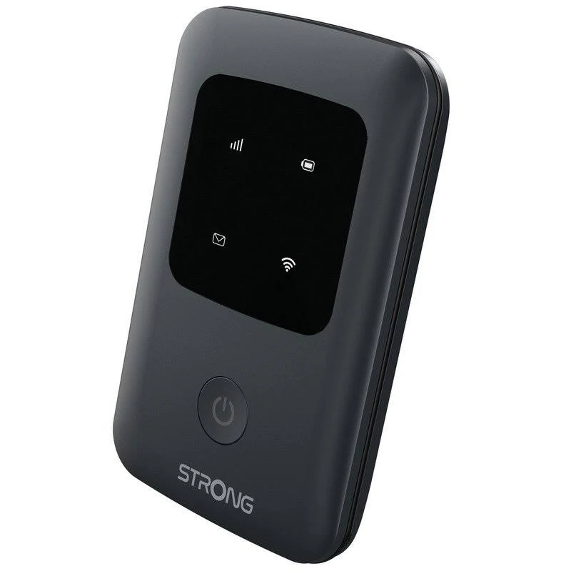 Un dispositivo WiFi Strong portátil negro con una pantalla que muestra iconos de señal, batería y WiFi. Un botón de encendido en la parte inferior.