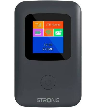 Un dispositivo Strong LTE hotspot negro. La pantalla muestra la hora, el uso de datos y la intensidad de la señal. Botones e iconos visibles.