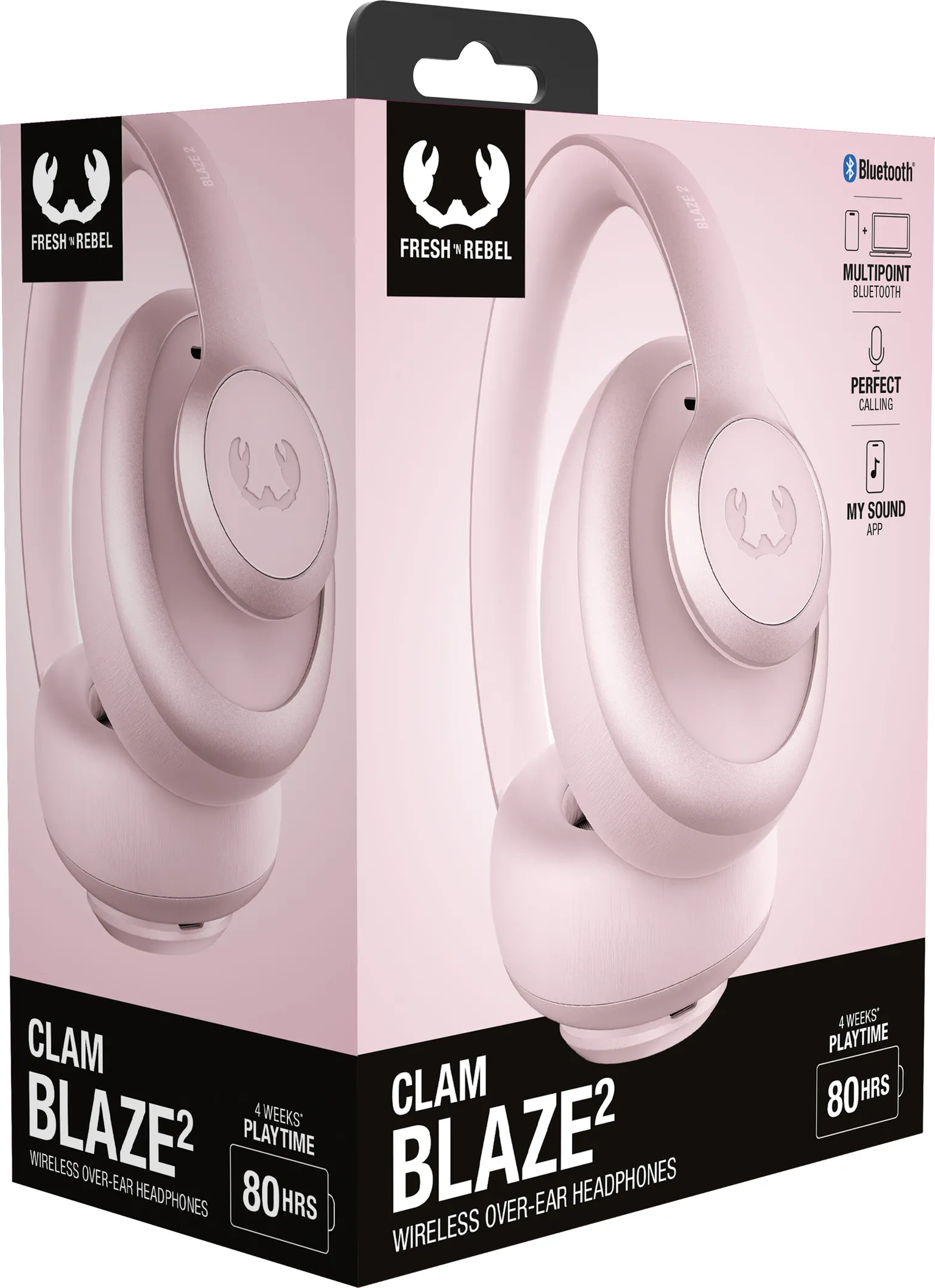 Cuffie rosa Clam Blaze 2 su una scatola. Caratteristiche: Bluetooth, 80 ore di riproduzione e chiamate perfette.
