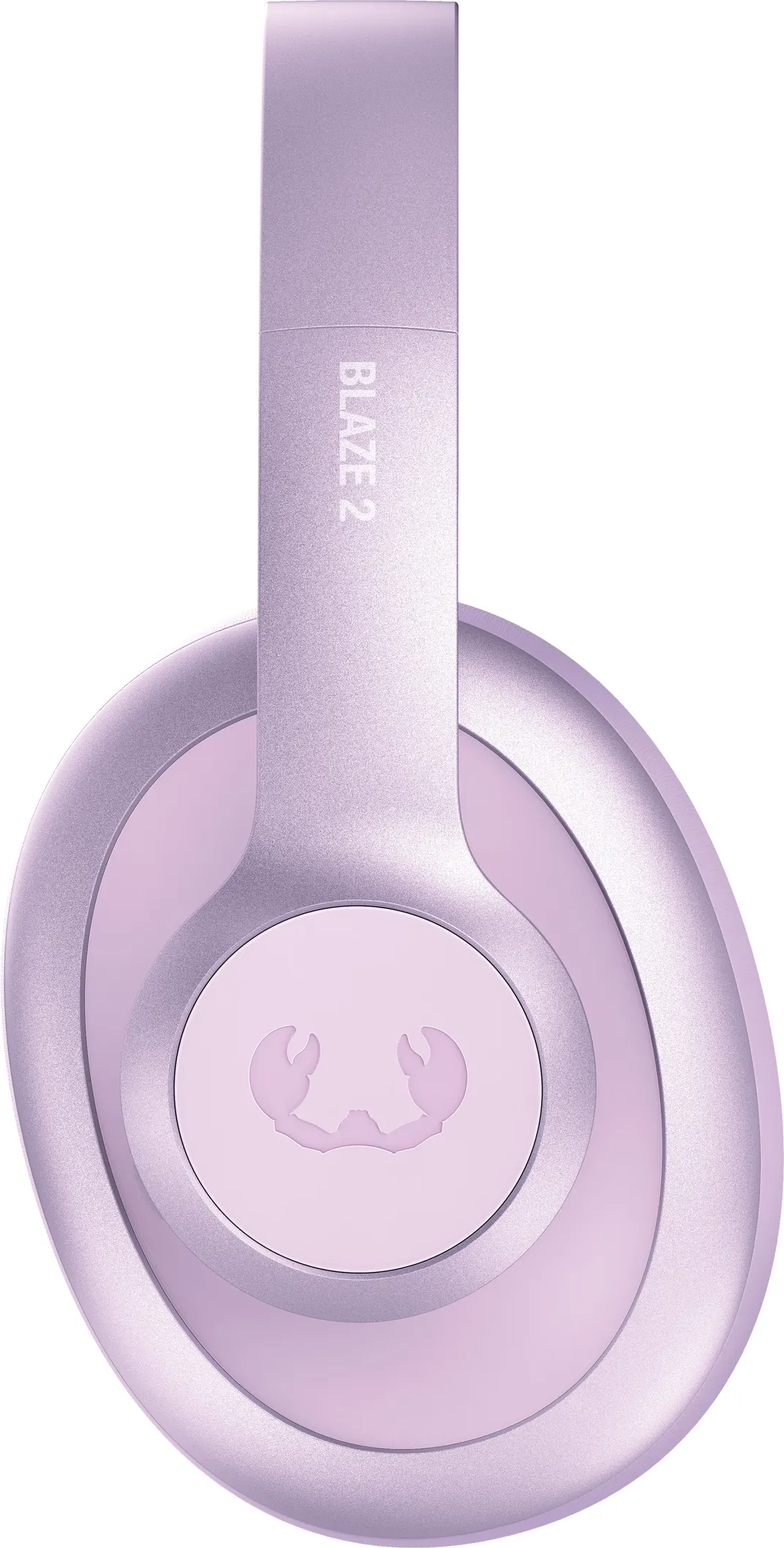 Gros plan sur un casque violet clair. La marque est "BLAZE 2". L'écouteur a un logo de crabe.