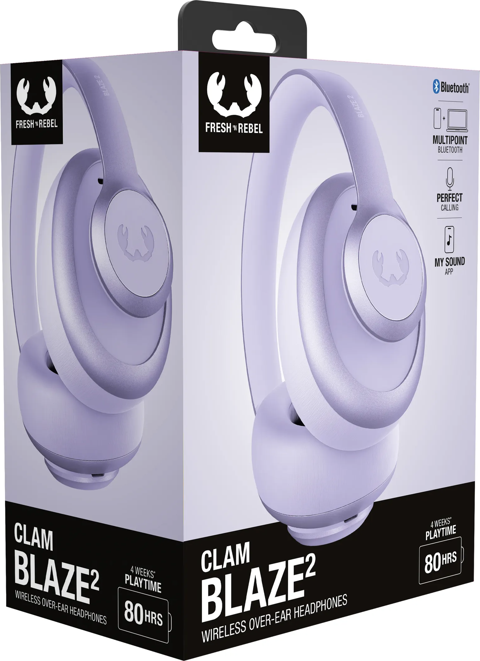 Casque sans fil violet en boîte. La boîte indique 'Clam Blaze 2', 'Fresh 'n Rebel' et contient des informations Bluetooth.