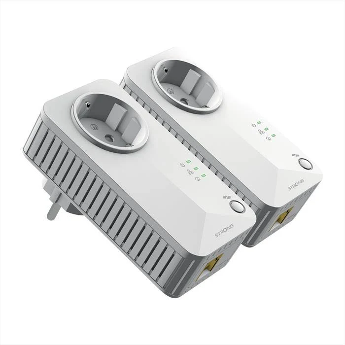 Dos adaptadores de línea eléctrica blancos y grises con enchufes europeos, cada uno con enchufe y luces indicadoras. La marca STRONG es visible.