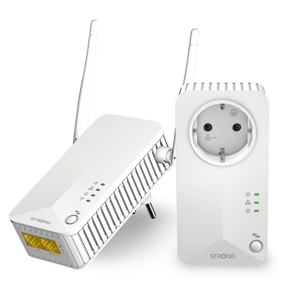 Dos adaptadores de línea eléctrica blancos. Uno tiene antena y puertos, el otro un enchufe.