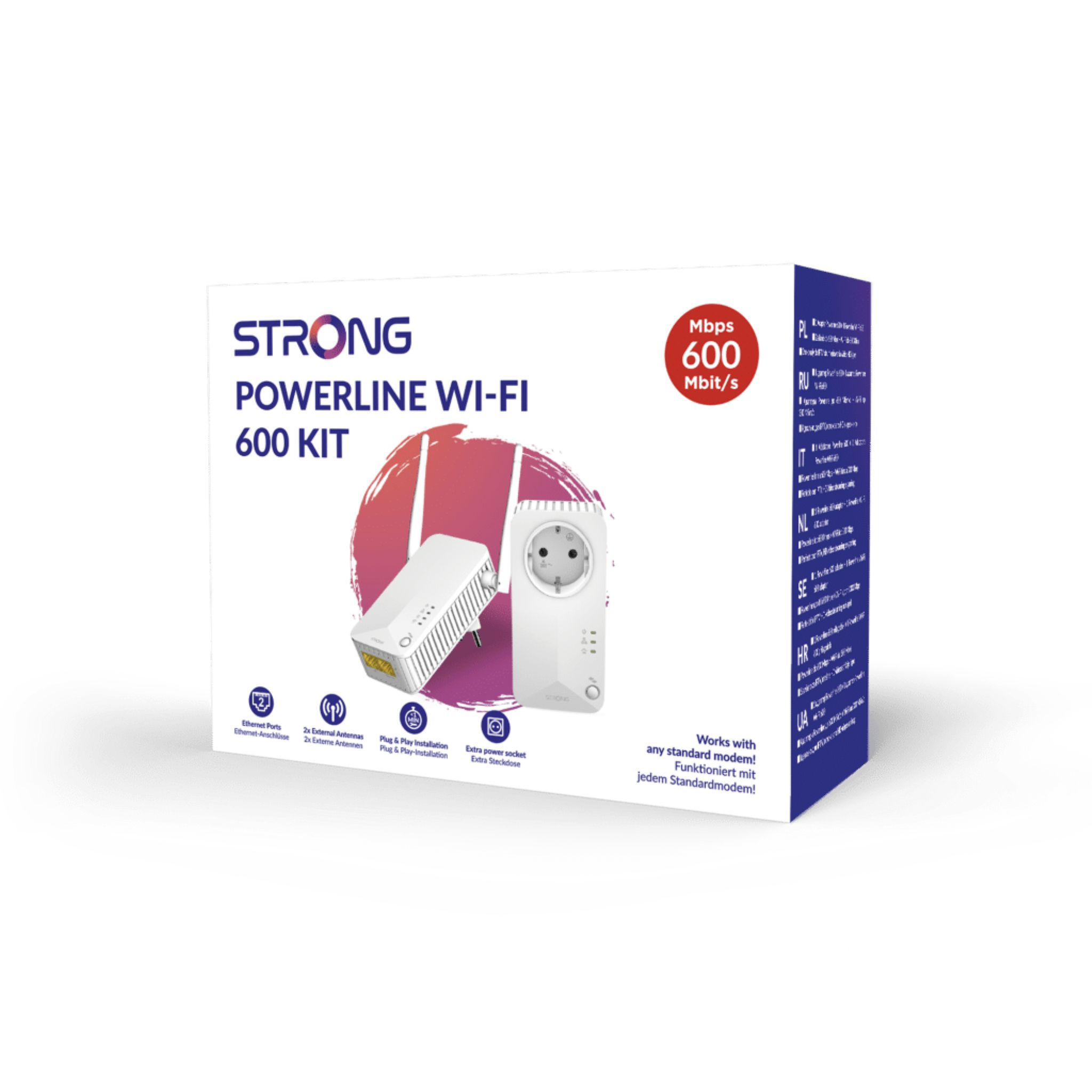 Caja para Strong Powerline Wi-Fi 600 Kit. Muestra el producto con sus características y especificaciones.