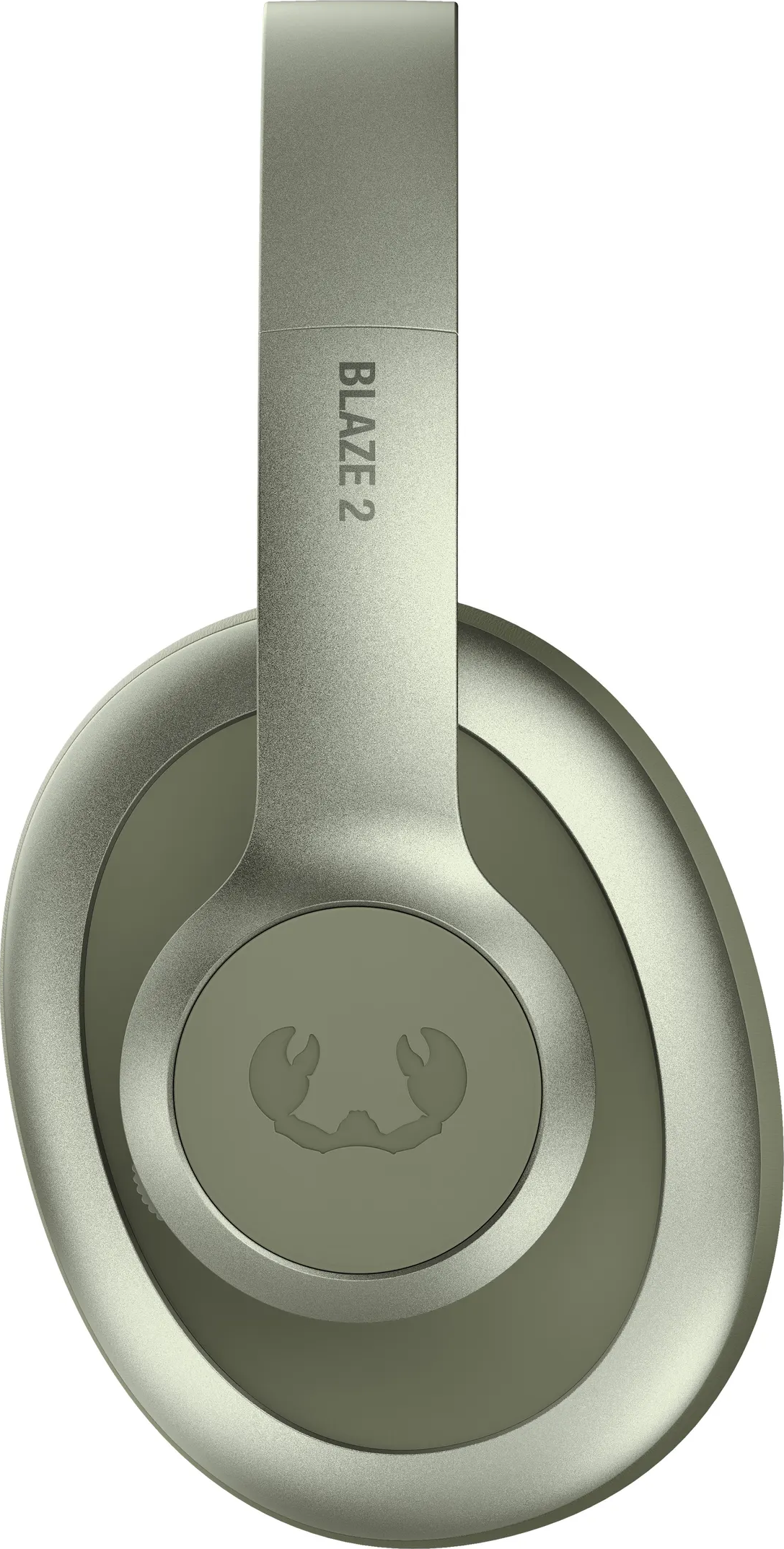 Cuffie verde oliva, 'BLAZE 2' stampato. Il padiglione auricolare ha un logo a forma di granchio. Colore argento metallizzato.