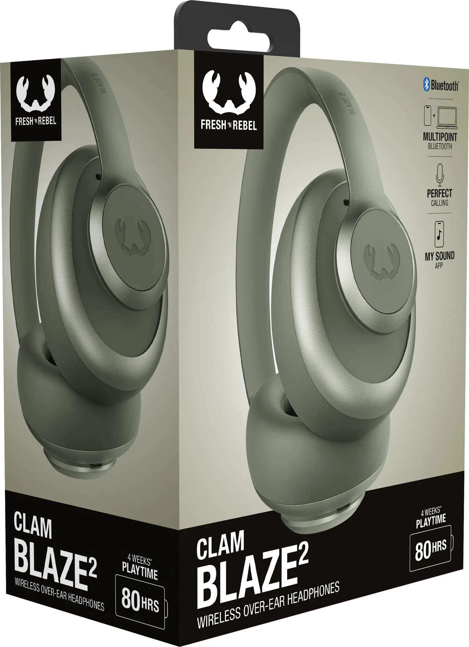 Scatola di cuffie Clam Blaze 2. Le cuffie verde oliva sono esposte sulla scatola. Il testo include 'Bluetooth' e '80 ore'.