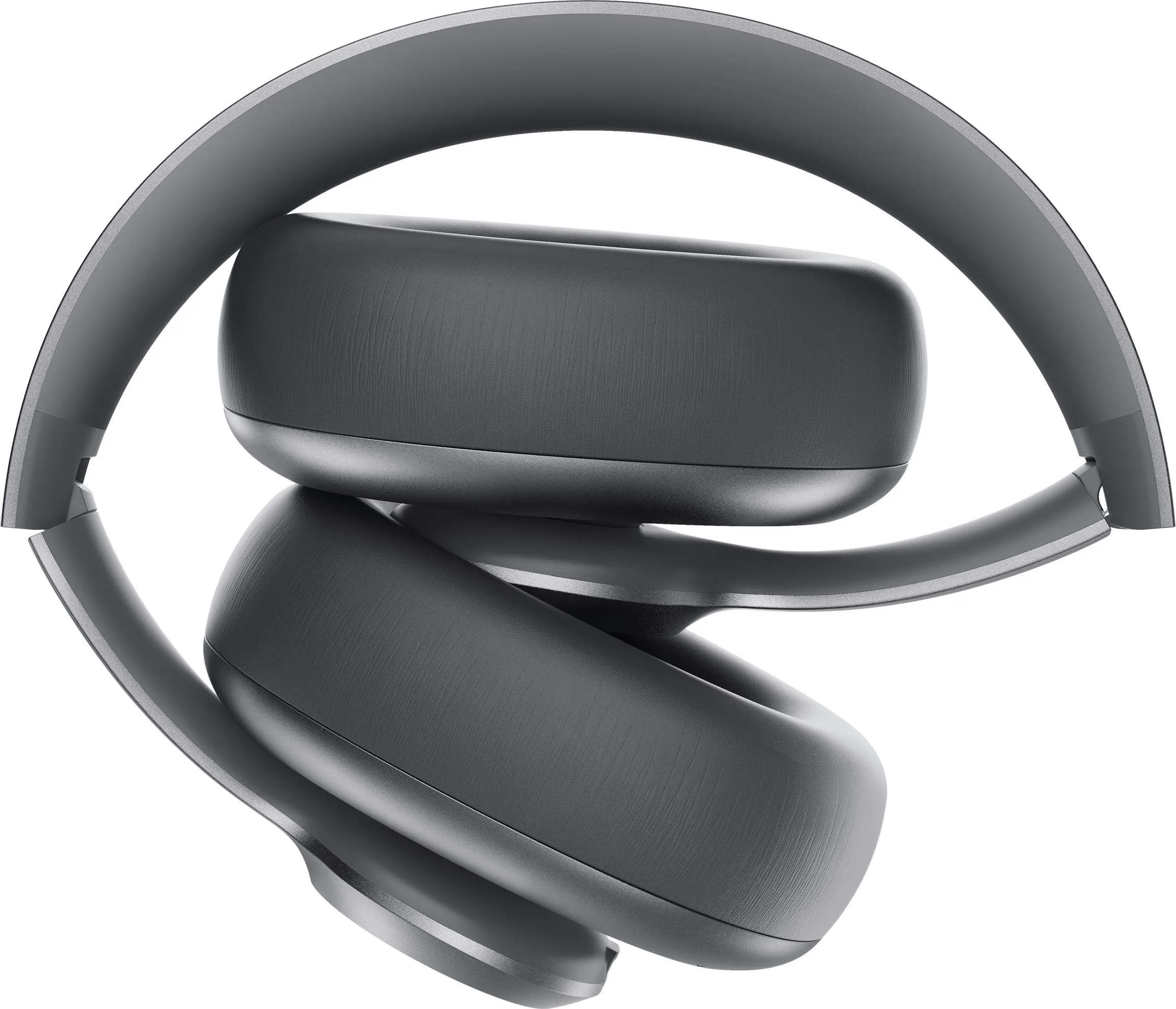 Casque gris plié sur fond blanc, montrant les écouteurs et l'arceau. Le design est épuré, axé sur la forme.