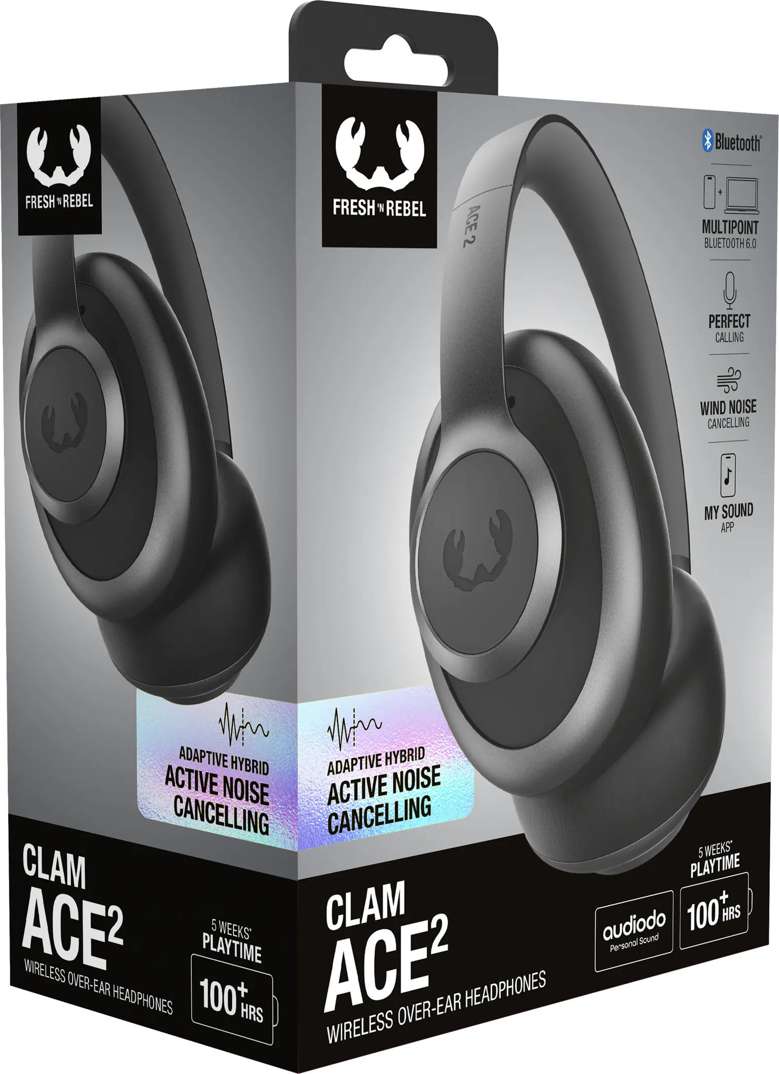 Boîte de casque noir Fresh 'n Rebel Clam Ace 2. Caractéristiques : suppression du bruit, Bluetooth et 100+ heures de lecture.