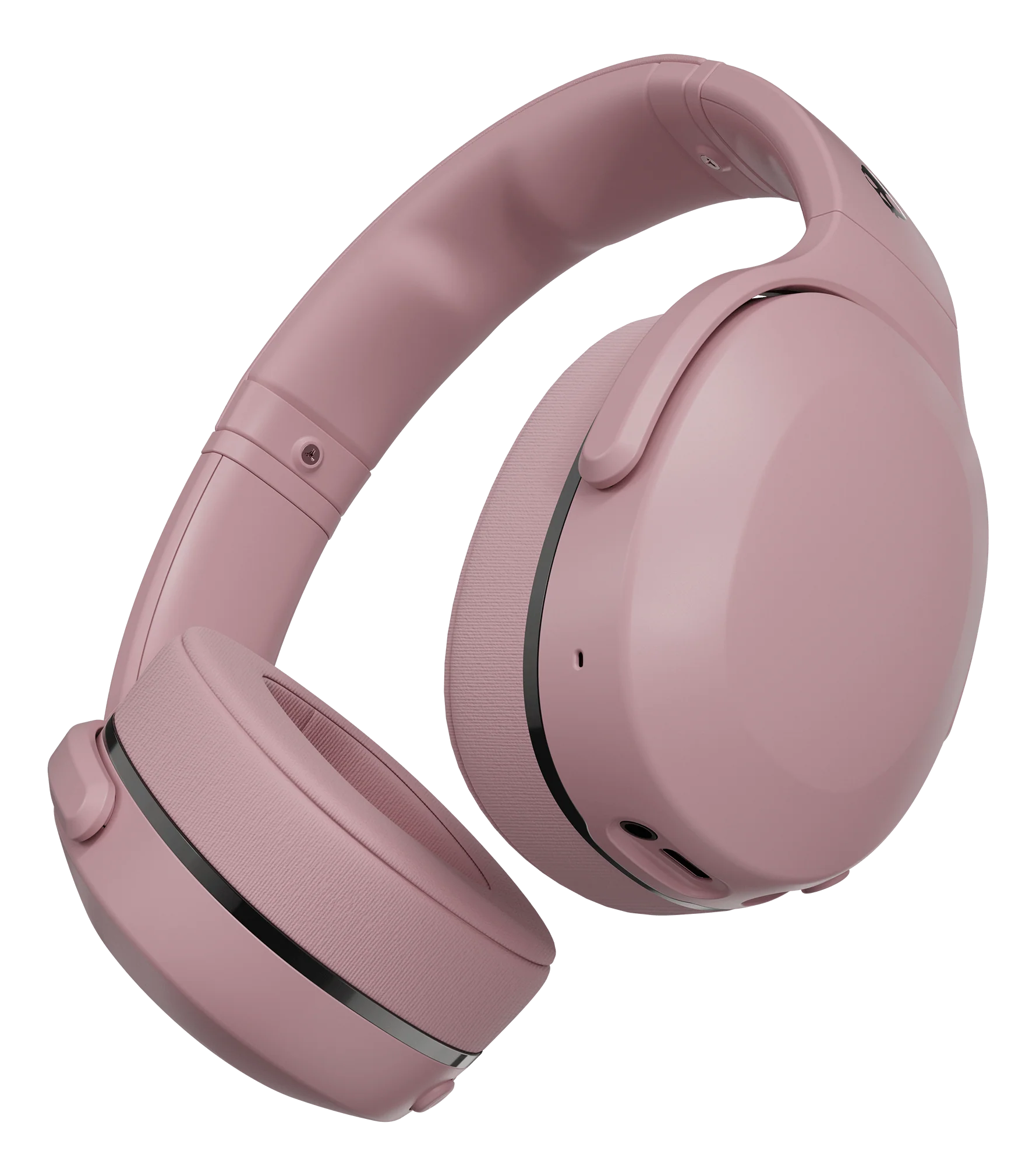 Rosa Kopfhörer auf schwarzem Hintergrund. Die Kopfhörer sind Over-Ear-Stil.
