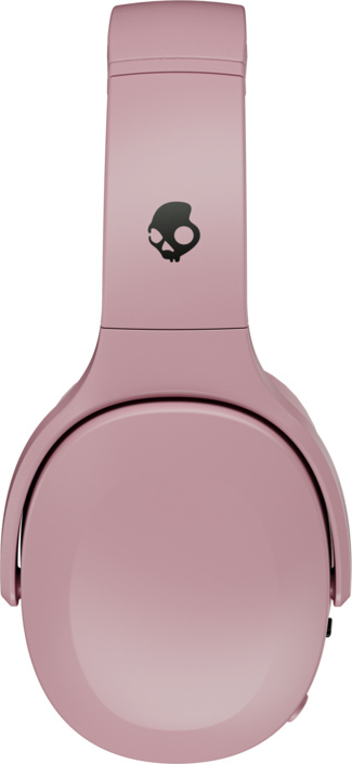 Rosa Skullcandy-Kopfhörer. Ein schwarzes Totenkopf-Logo befindet sich auf dem Stirnband. Die Ohrmuscheln sind oval.