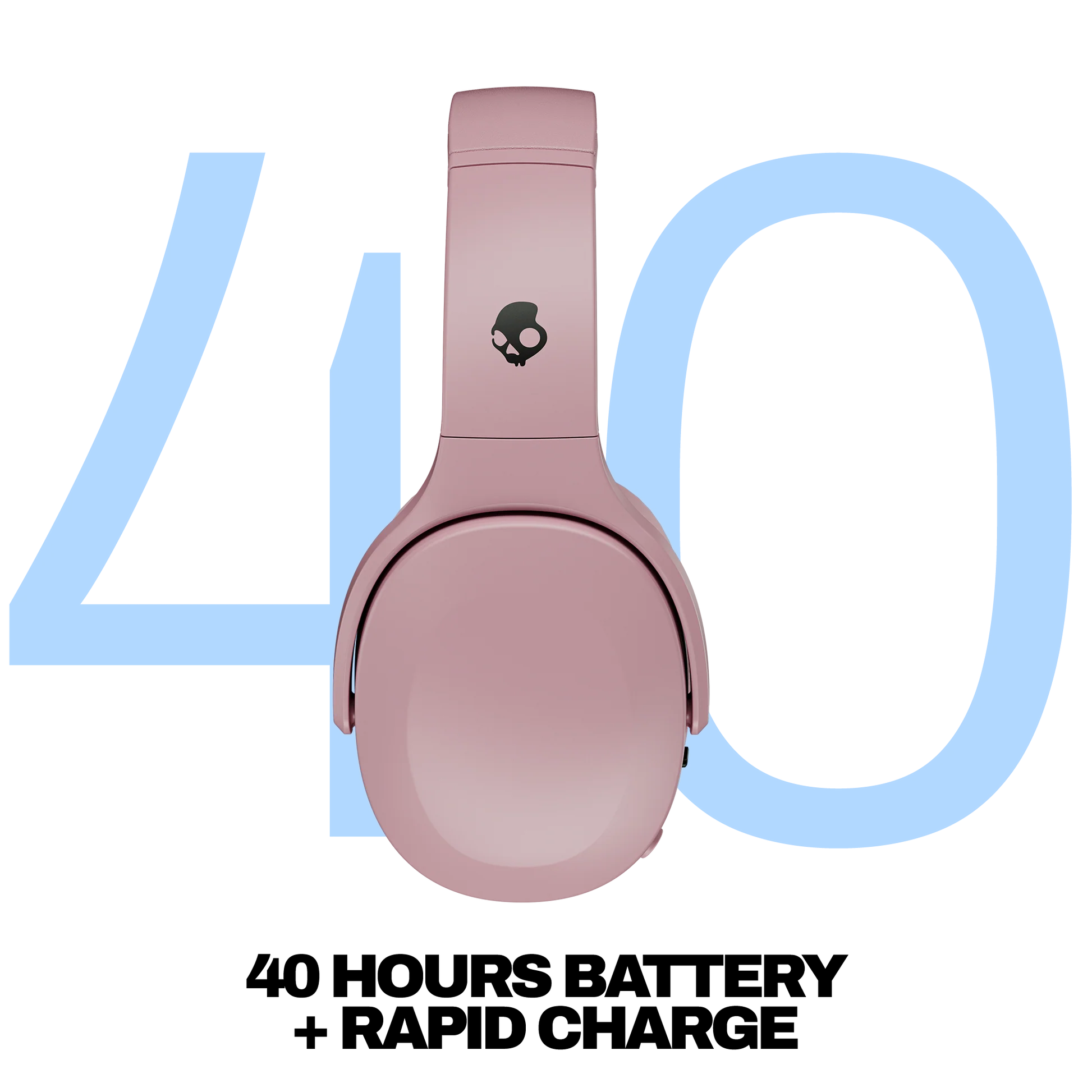 Rosa Skullcandy-Kopfhörer auf schwarzem Hintergrund, mit großen blauen Zahlen 40 dahinter.